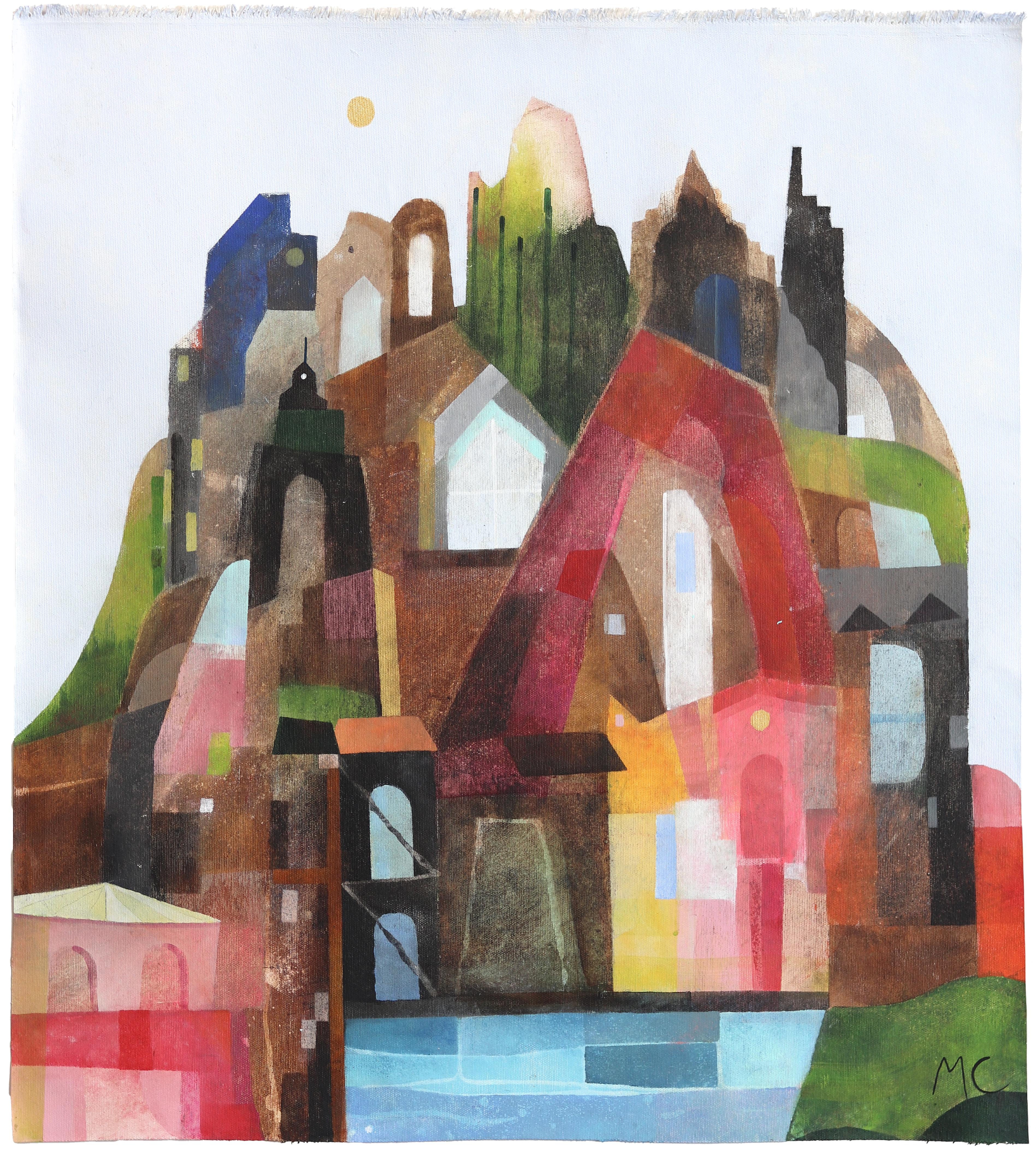 Maria C. Bernhardsson Abstract Painting – Waterside Dream - Abstract Color Drenched Architectural Painting on Canvas