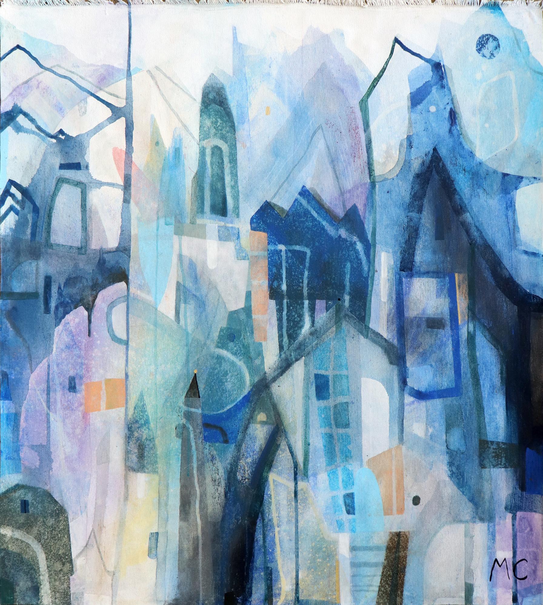 Wild Blue 1 - Abstract Cool Tone Architectural Landscape Painting on Canvas