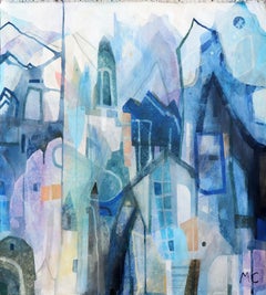 Azul salvaje 1 - Paisaje arquitectónico abstracto en tonos fríos Pintura sobre lienzo