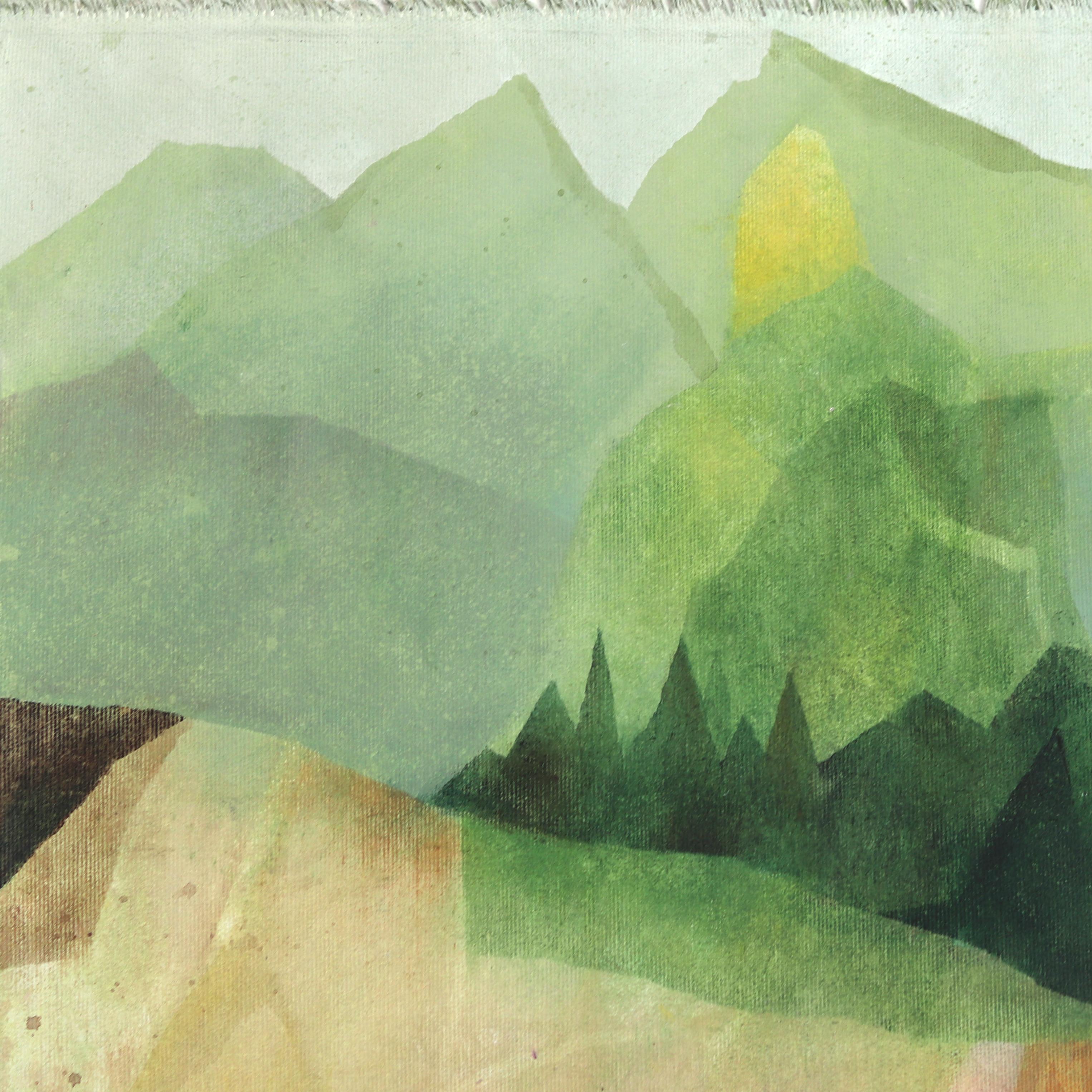 Yellowstone -  Paisaje abstracto y colorido de un parque nacional sobre lienzo - Landscape Painting Beige de Maria C. Bernhardsson