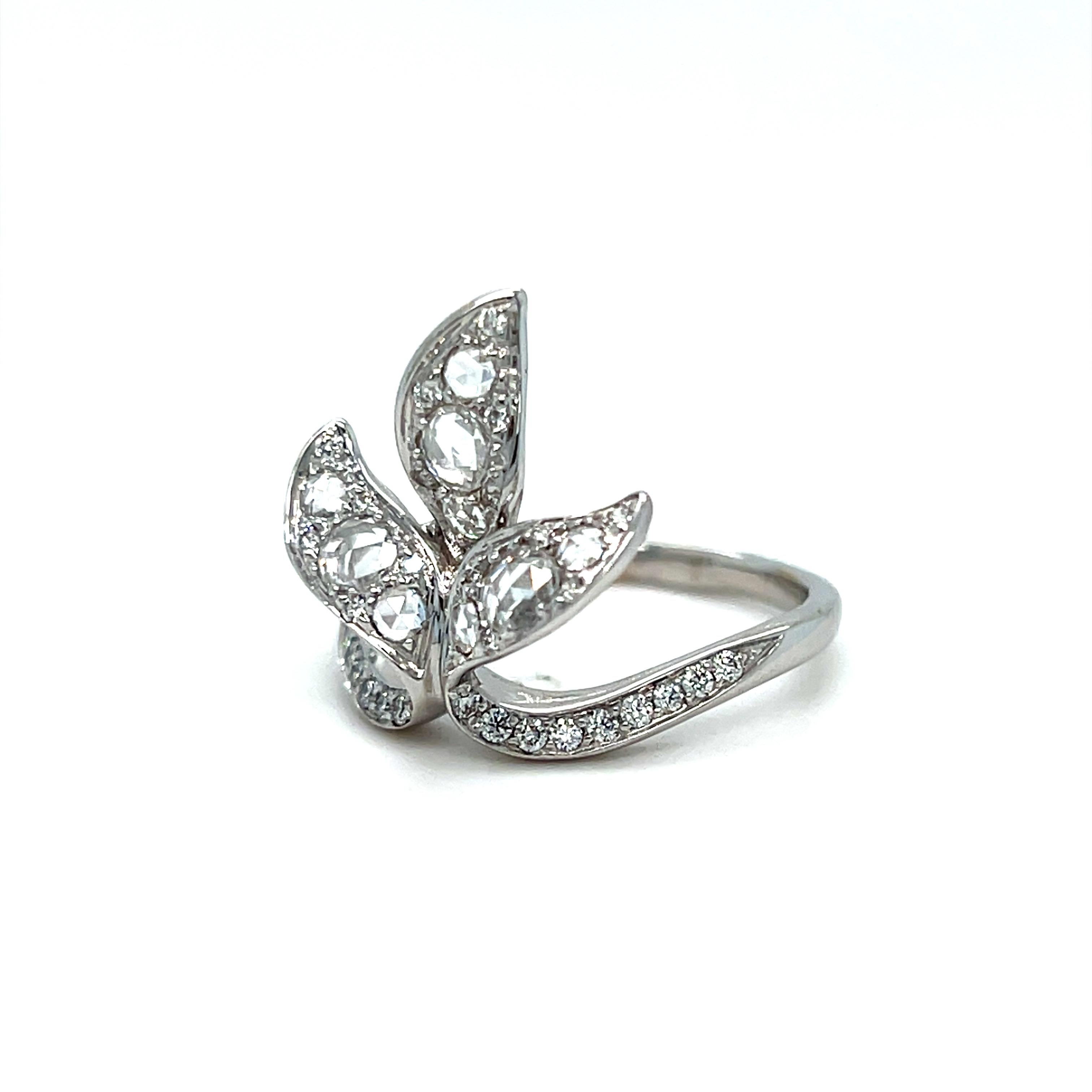 Victorian Maria Canale 18K White Gold Leaf Diamond Ring with Rose Cut Diamonds. For Sale