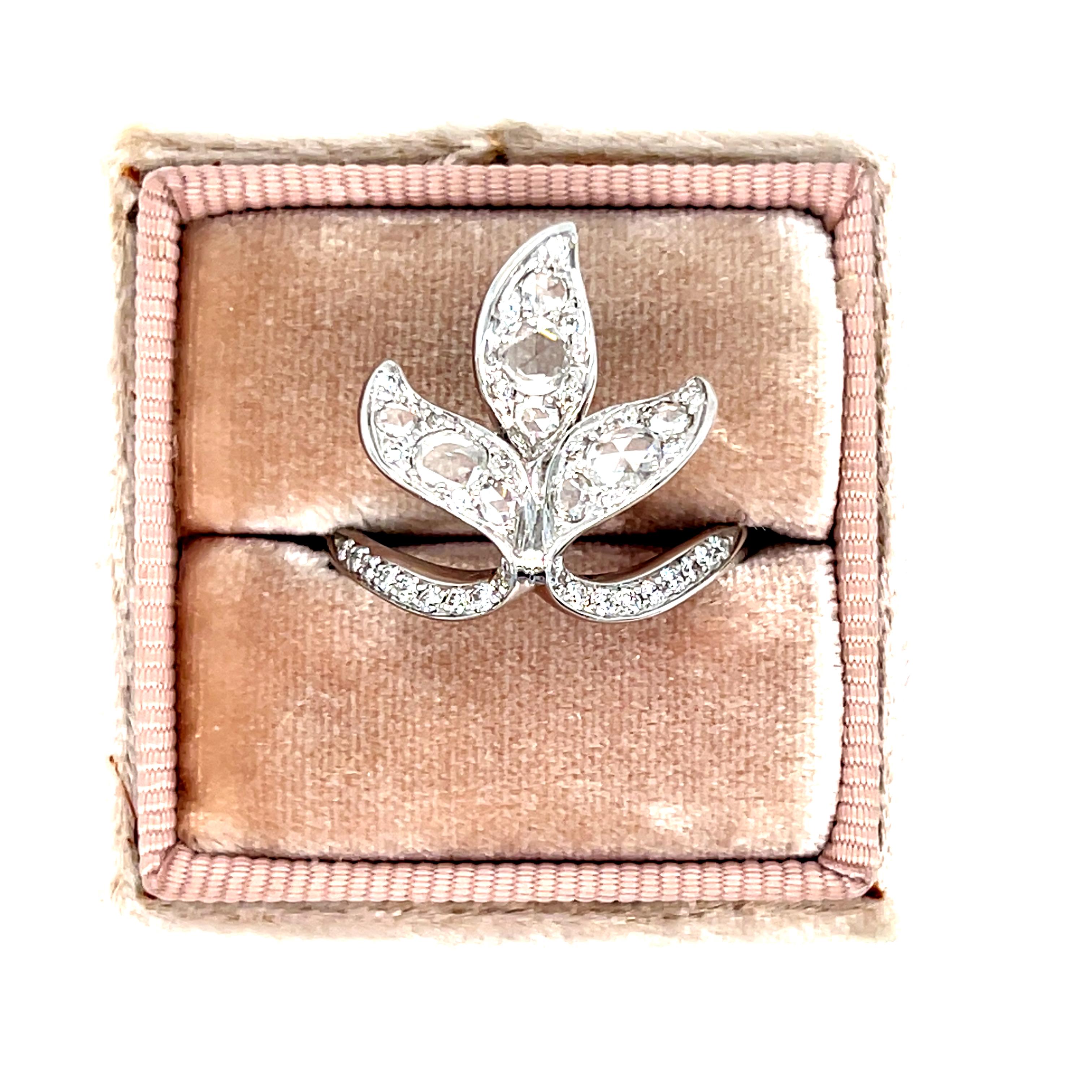 Maria Canale 18K White Gold Leaf Diamond Ring with Rose Cut Diamonds. In Good Condition For Sale In San Francisco, CA