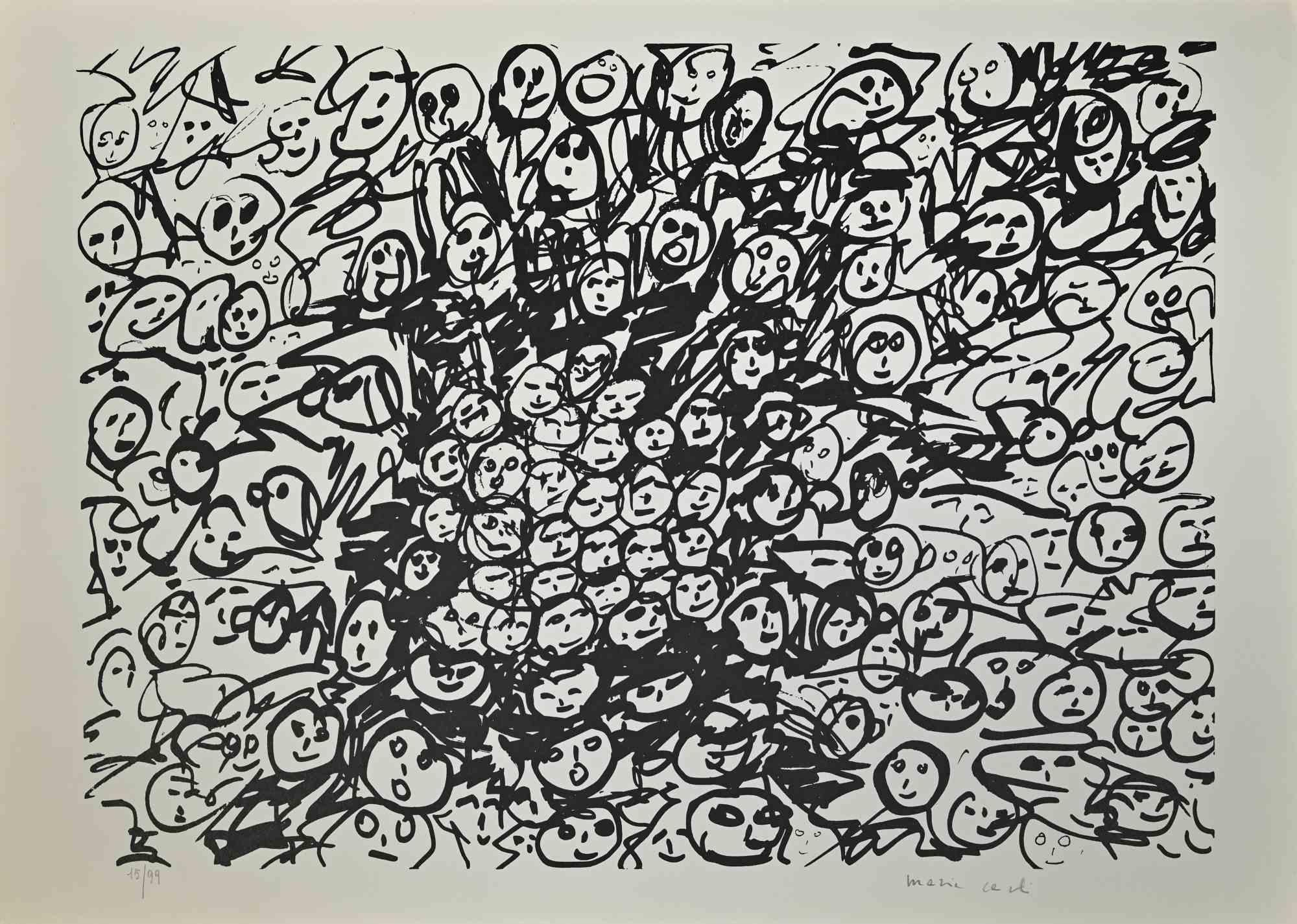 All Faces is a print artwork on paper realized by Maria Carli in the late 20th century.

Lithograph print on paper.

Hand-signed and numbered by pencil on the lower, edition of 99 prints.

Good conditions.