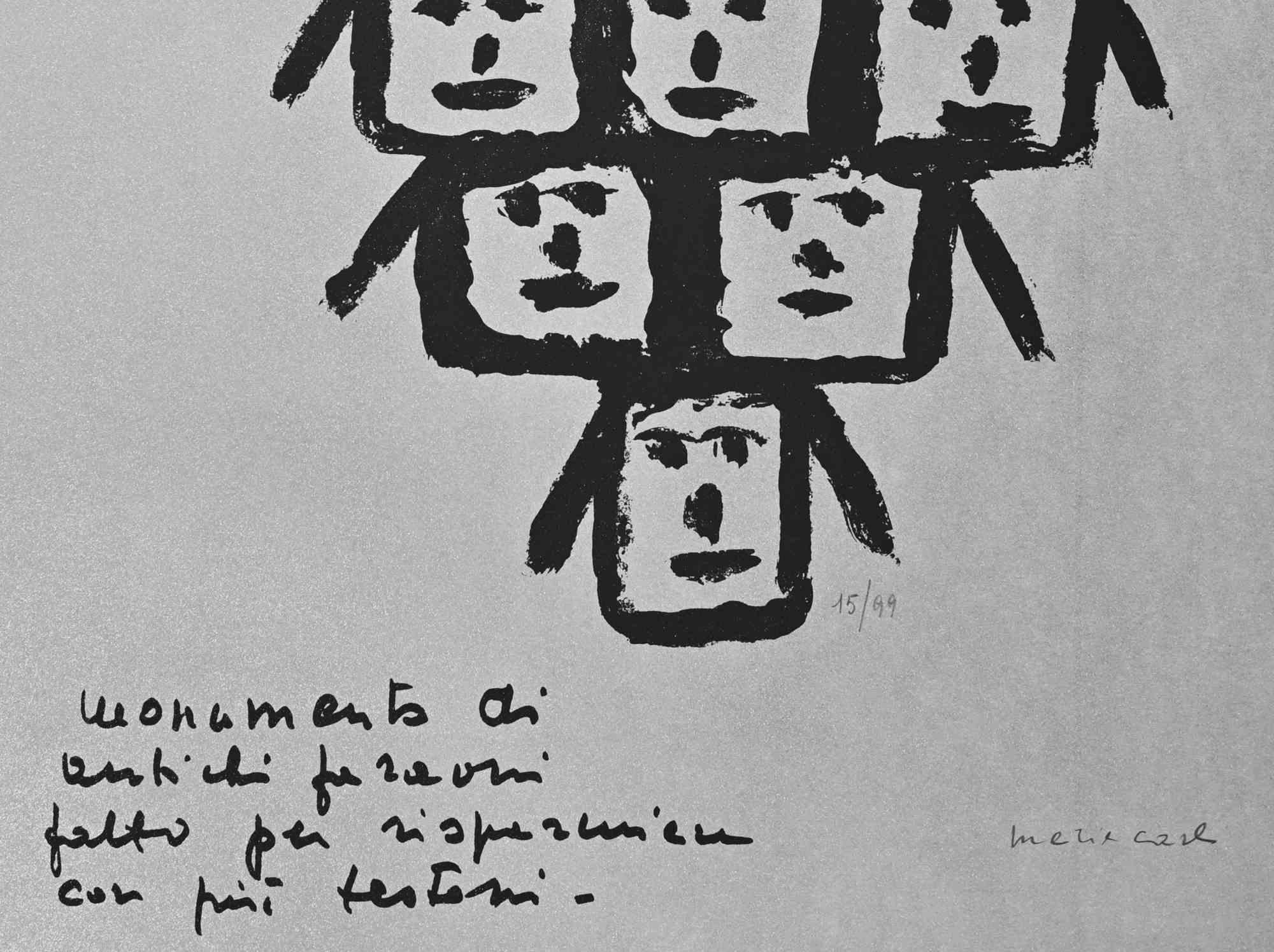 Faces is a print artwork on paper realized by Maria Carli in the late 20th century.

Lithograph print on paper.

Hand-signed and numbered by pencil on the lower, edition of 99 prints.

Good conditions.
