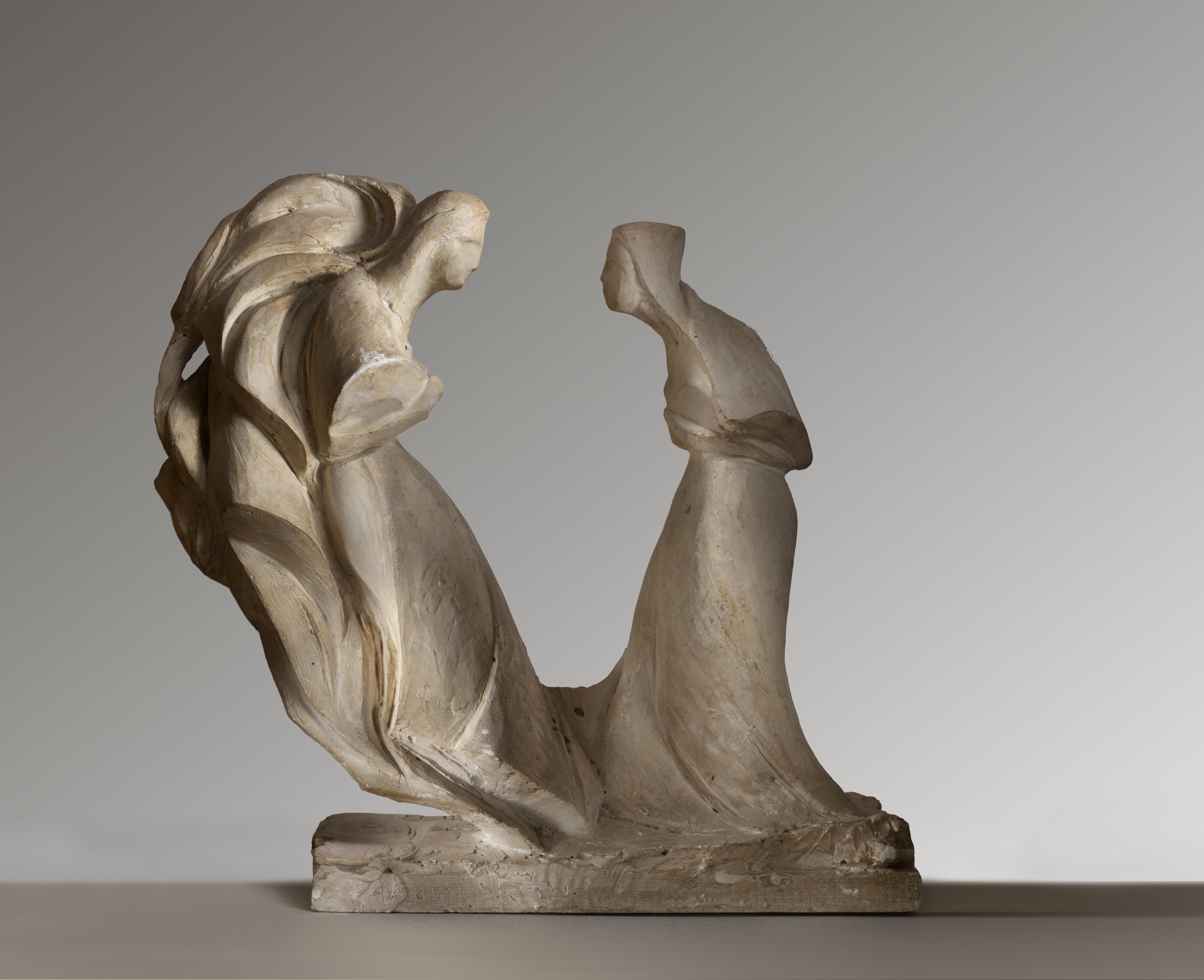 Maria Chiaromonte Abstract Sculpture - Futurist abstract figurative plaster statue with religious theme