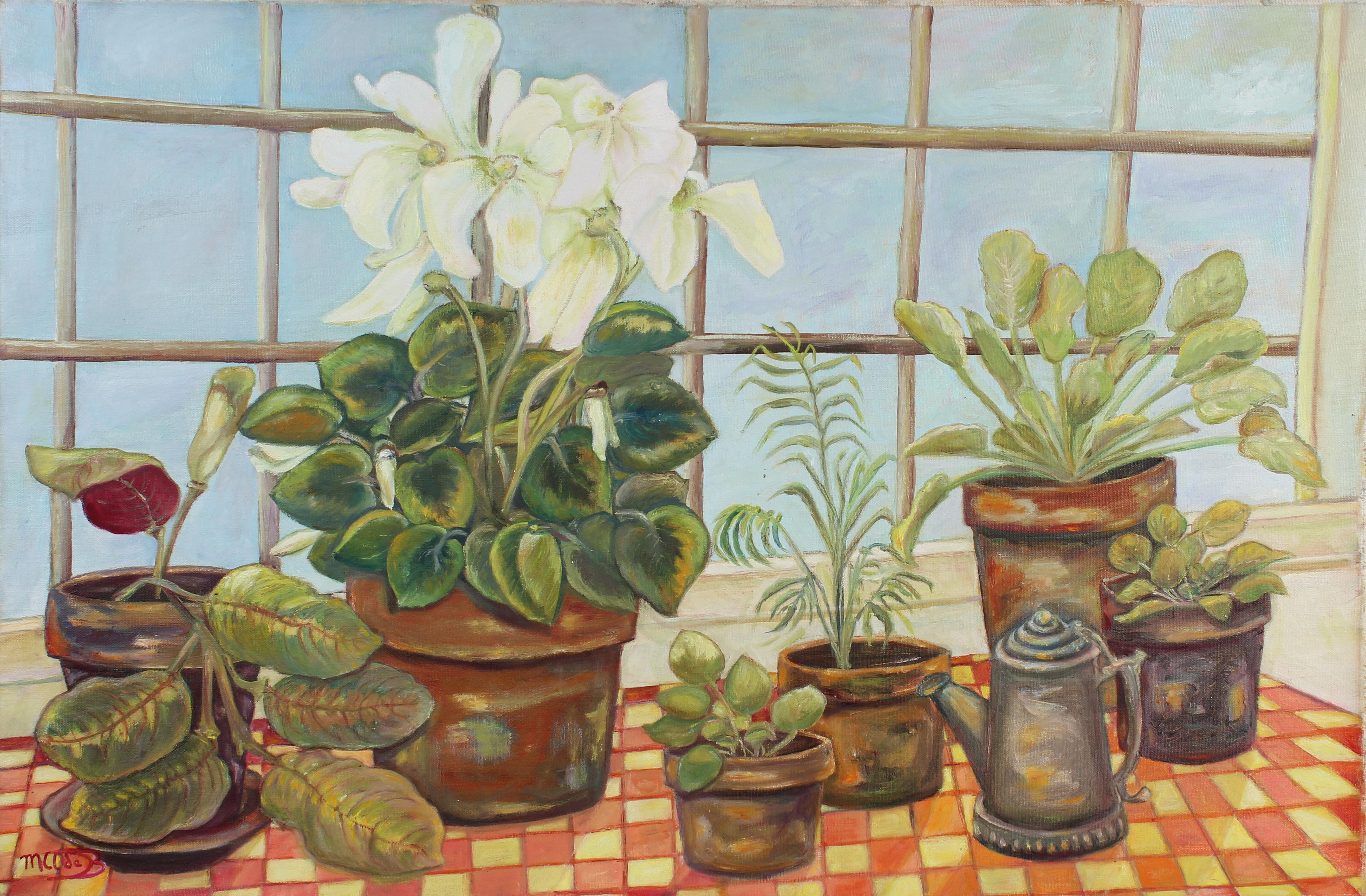 Maria Concepcion Ocegueda Interior Painting - Still Life with Potted Plants, Oil on Canvas Painting, 1975