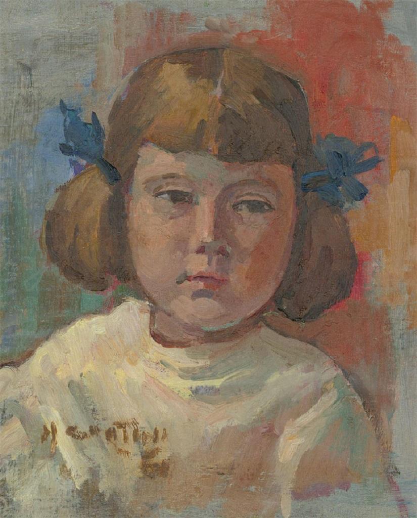 Maria Cortini Viviani - Mid 20th Century Oil, Young Girl with Pigtails For Sale 3