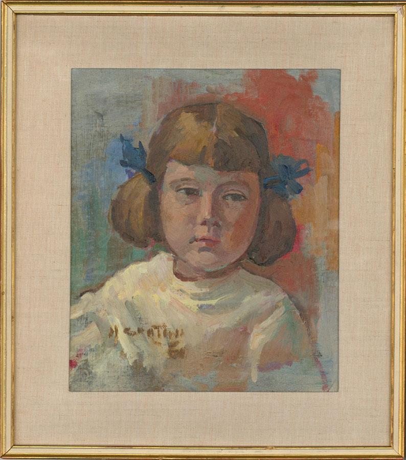 A colourful portrait of a young girl with pigtails. The artist captures the unamused child in a gestural brush strokes giving the portrait a loose and relaxed feel. Signed and dated to the lower left. Presented in a part-gilt frame with a cotton