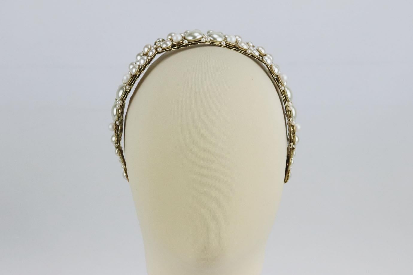 Maria Elena Gold Tone Faux Pearl And Crystal Bridal Headband In Excellent Condition In London, GB