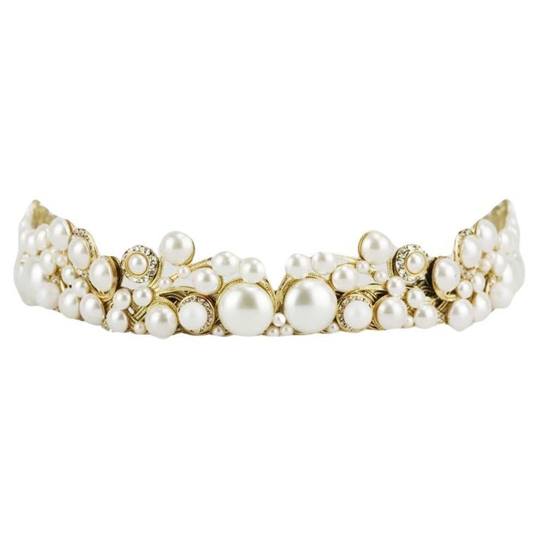 Maria Elena Gold Tone Faux Pearl And Crystal Bridal Headband For Sale at  1stDibs
