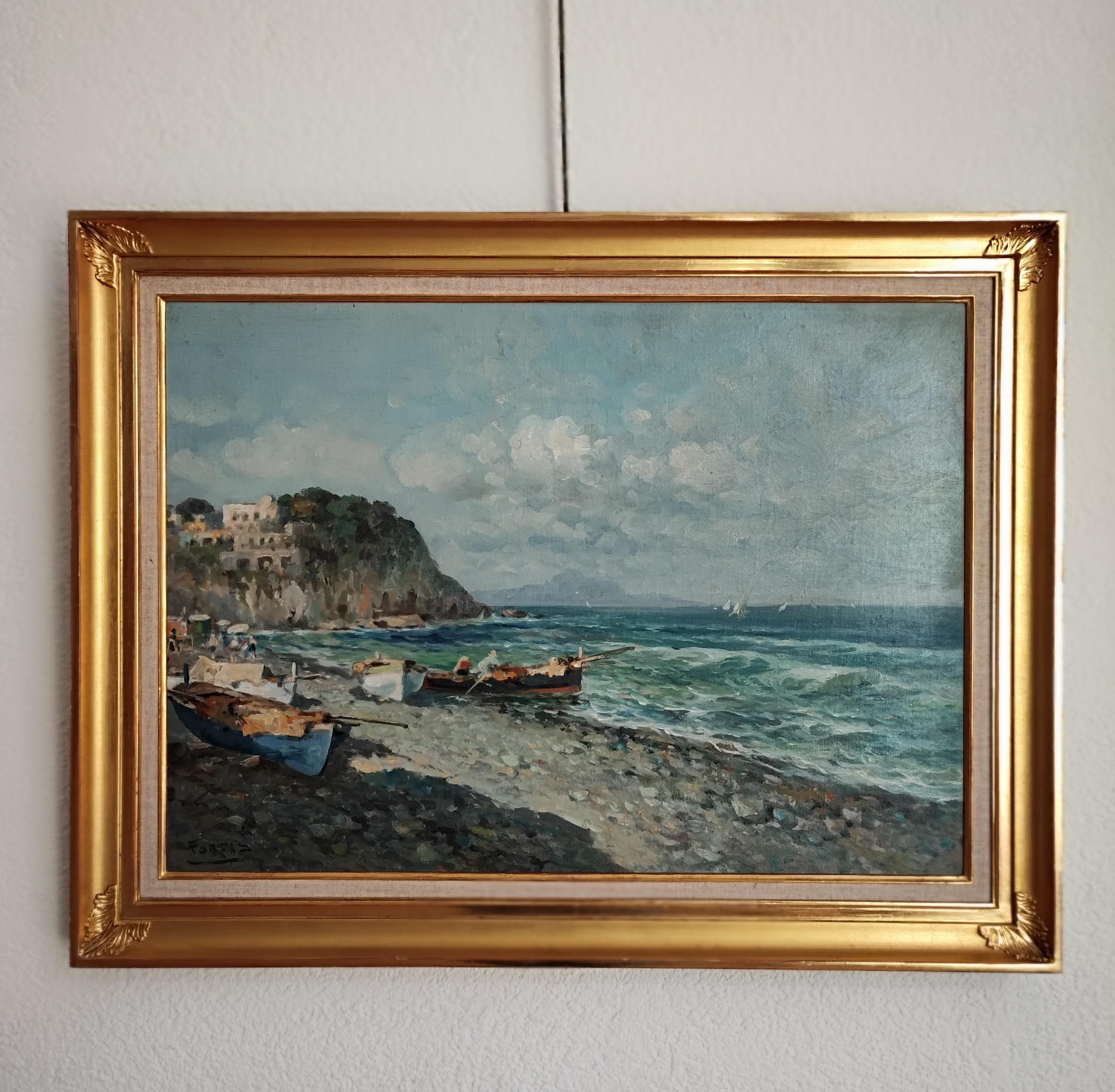 Seaside landscape, fishing boat and sailboats - Painting by Maria Fortis
