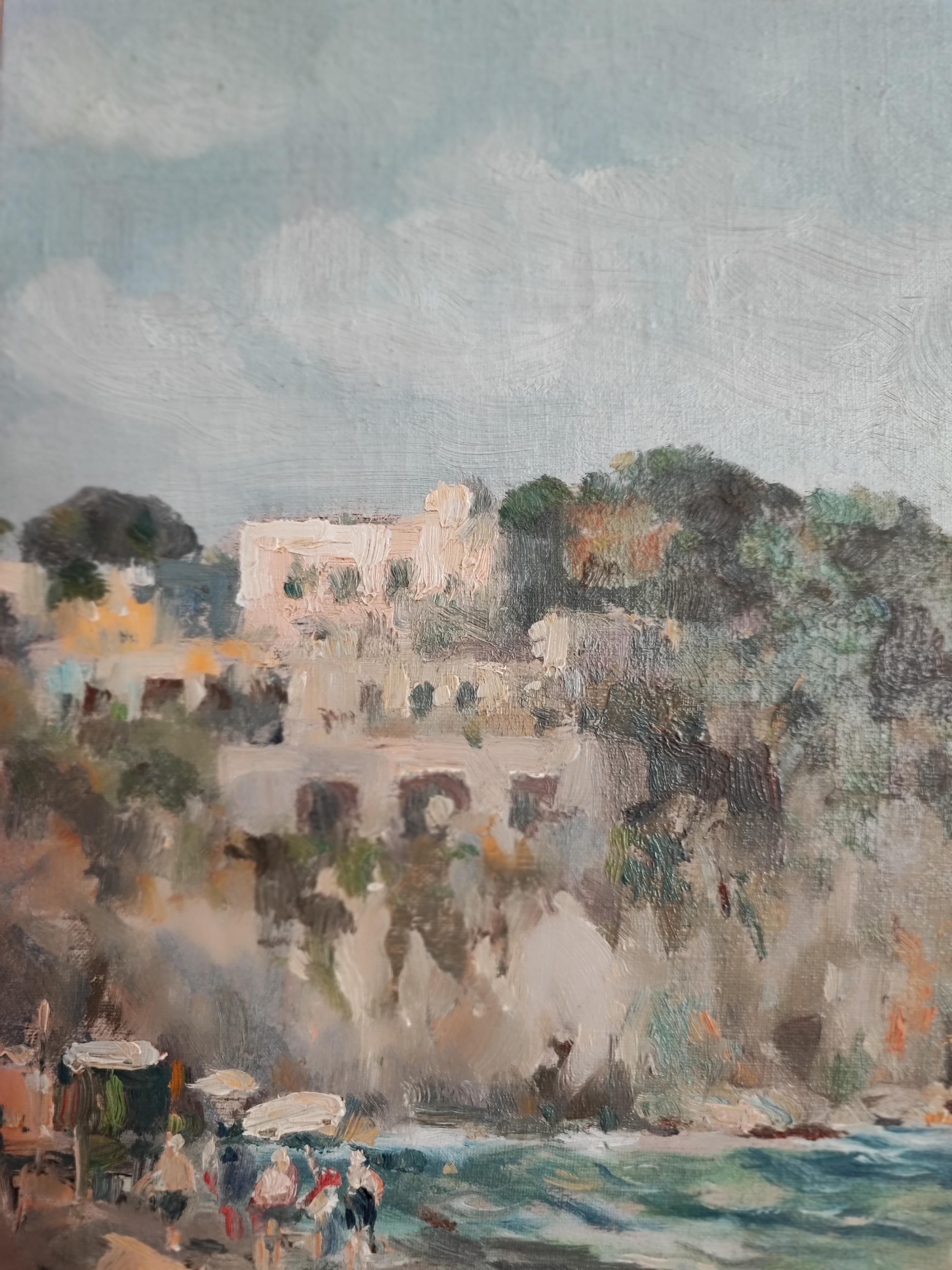 Paisaje marino, barco de pesca y veleros - Landscape Painting Gris de Maria Fortis