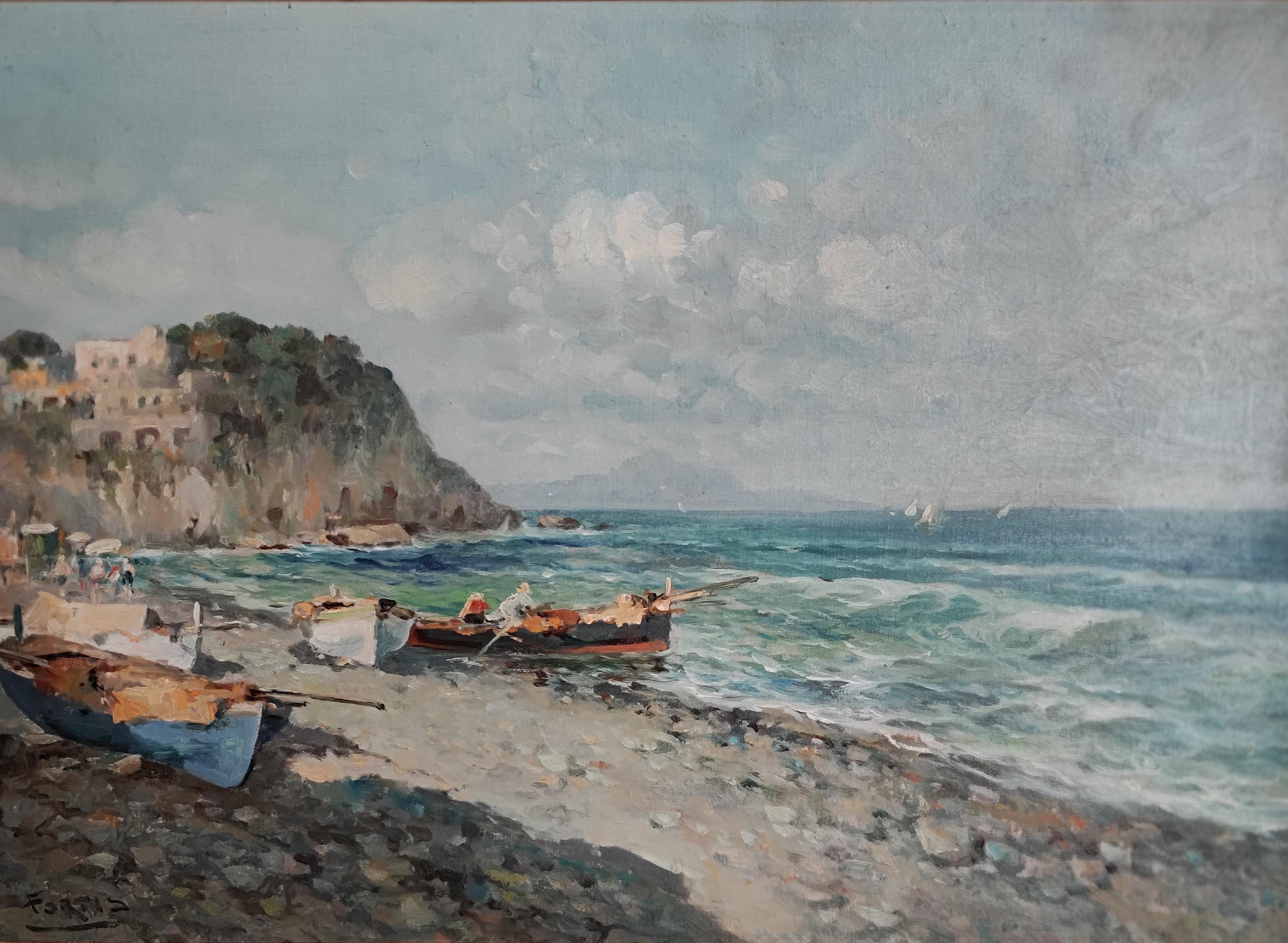 Maria Fortis Landscape Painting - Seaside landscape, fishing boat and sailboats
