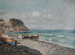 Seaside landscape, fishing boat and sailboats