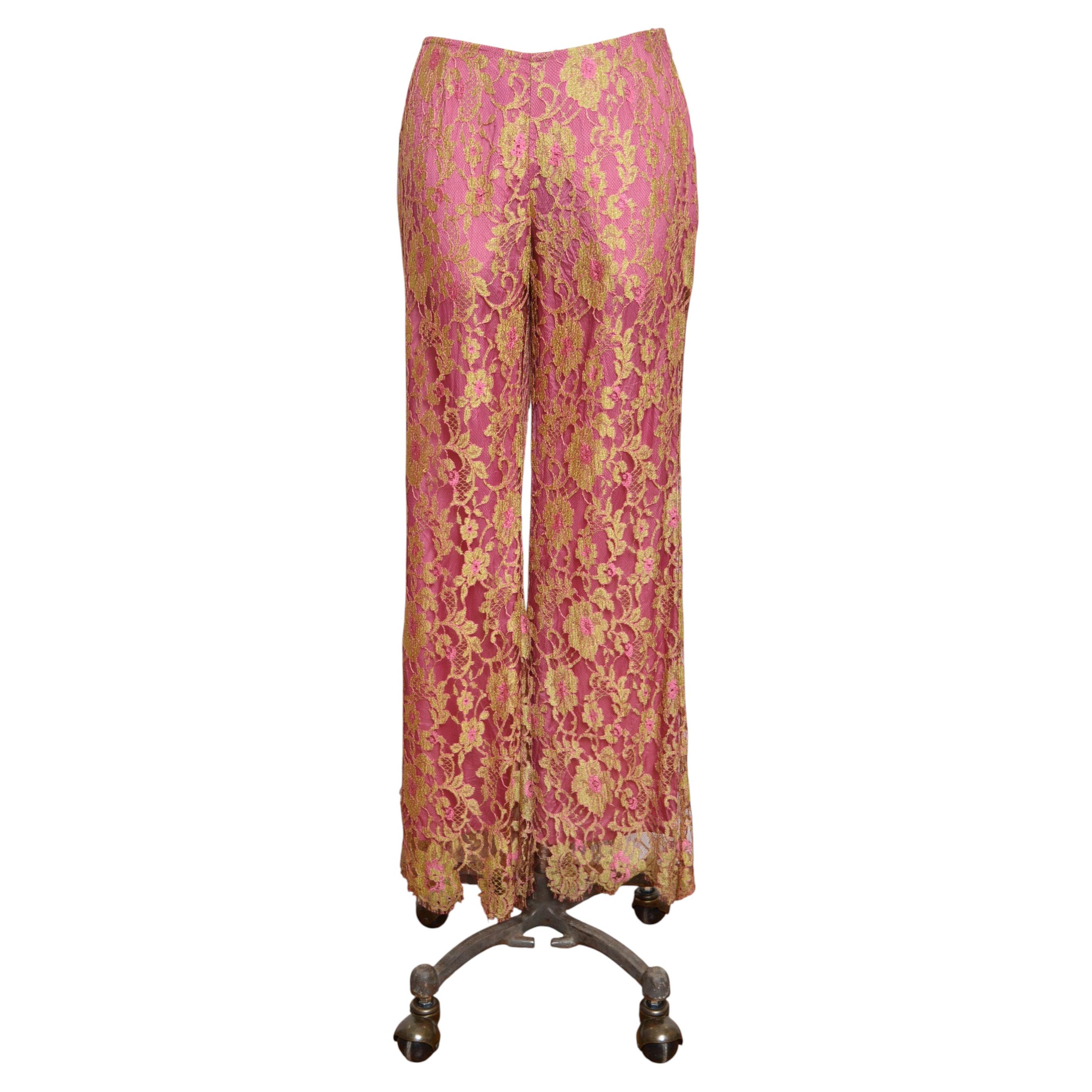 Maria Grachvogel 2000’s Pink and Gold Lace Trousers - low rise Flared Pants