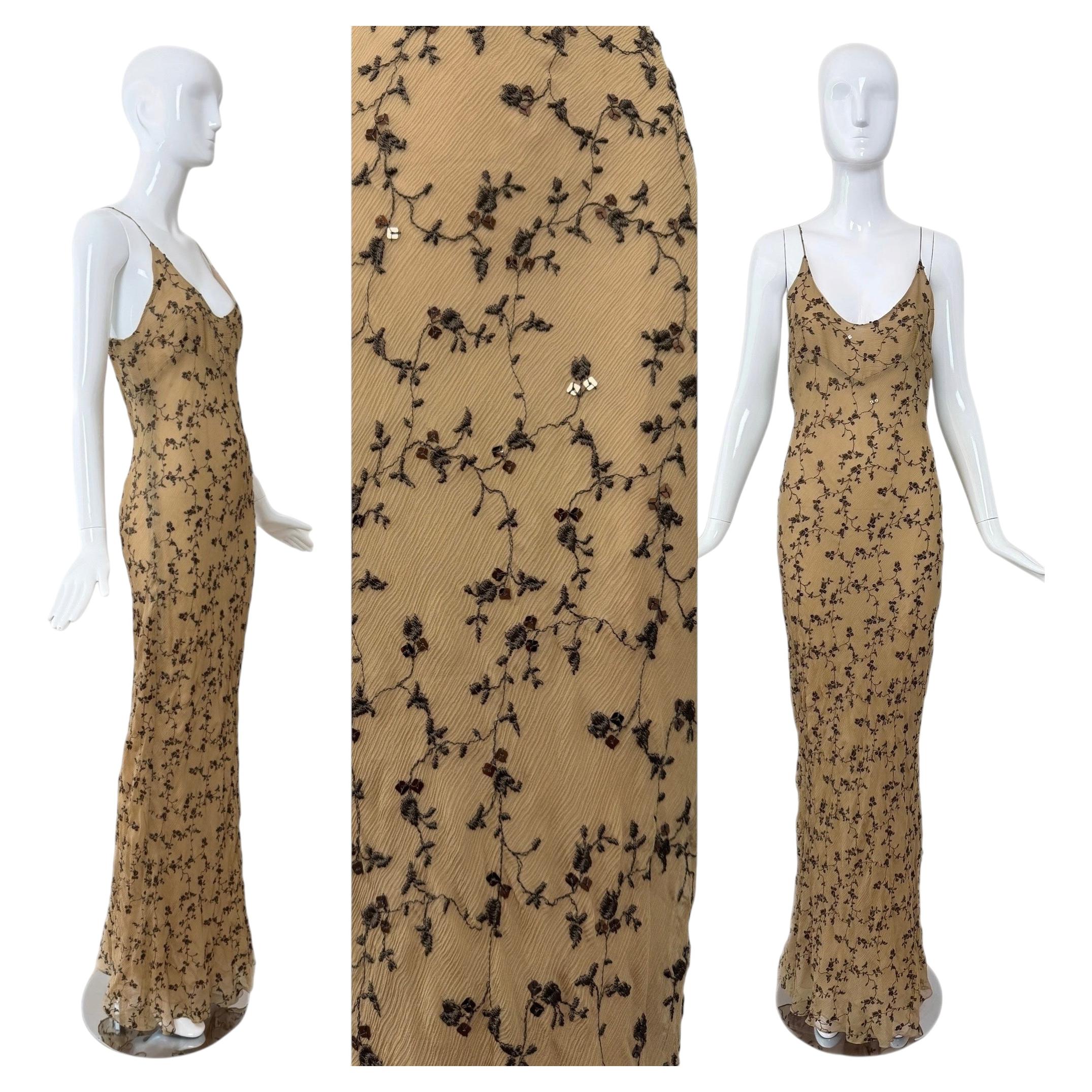 MARIA GRACHVOGEL Vintage Silk Tan Floral Embroidered Sequin Slip Gown Maxi Dress For Sale