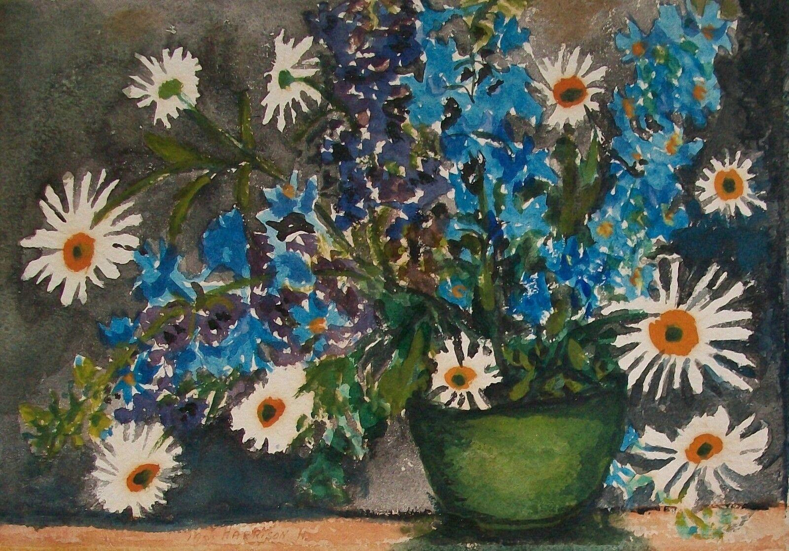 Maria Harrison (XIX-XX) - 'Delphiniums & Daisies' (Untitled) - Antique watercolor floral still life painting on paper - J. Green & Son watermark to the paper (this watermark used circa 1875 to 1913) - signed lower left - contained in a vintage matte