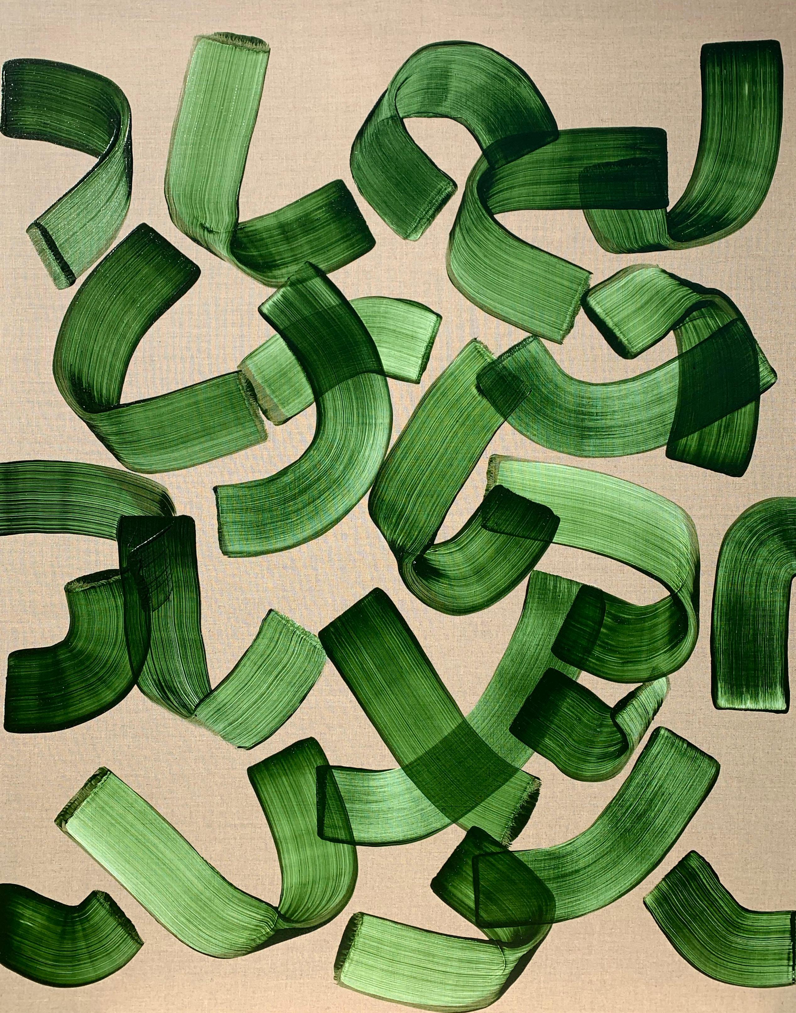Maria José Benvenuto  Abstract Painting - 'Overlapping olive green strokes', 2021, Colourful abstract work on linen