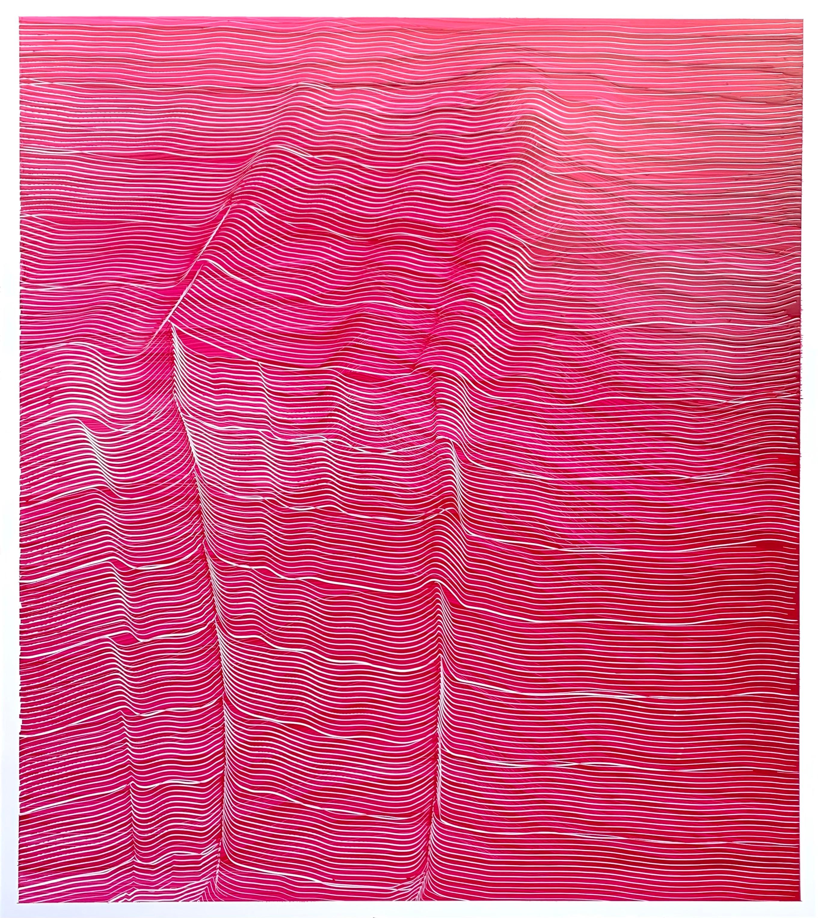 Maria José Benvenuto  Abstract Painting - 'White strokes over pink', 2021, Colourful abstract work on acrylic panel