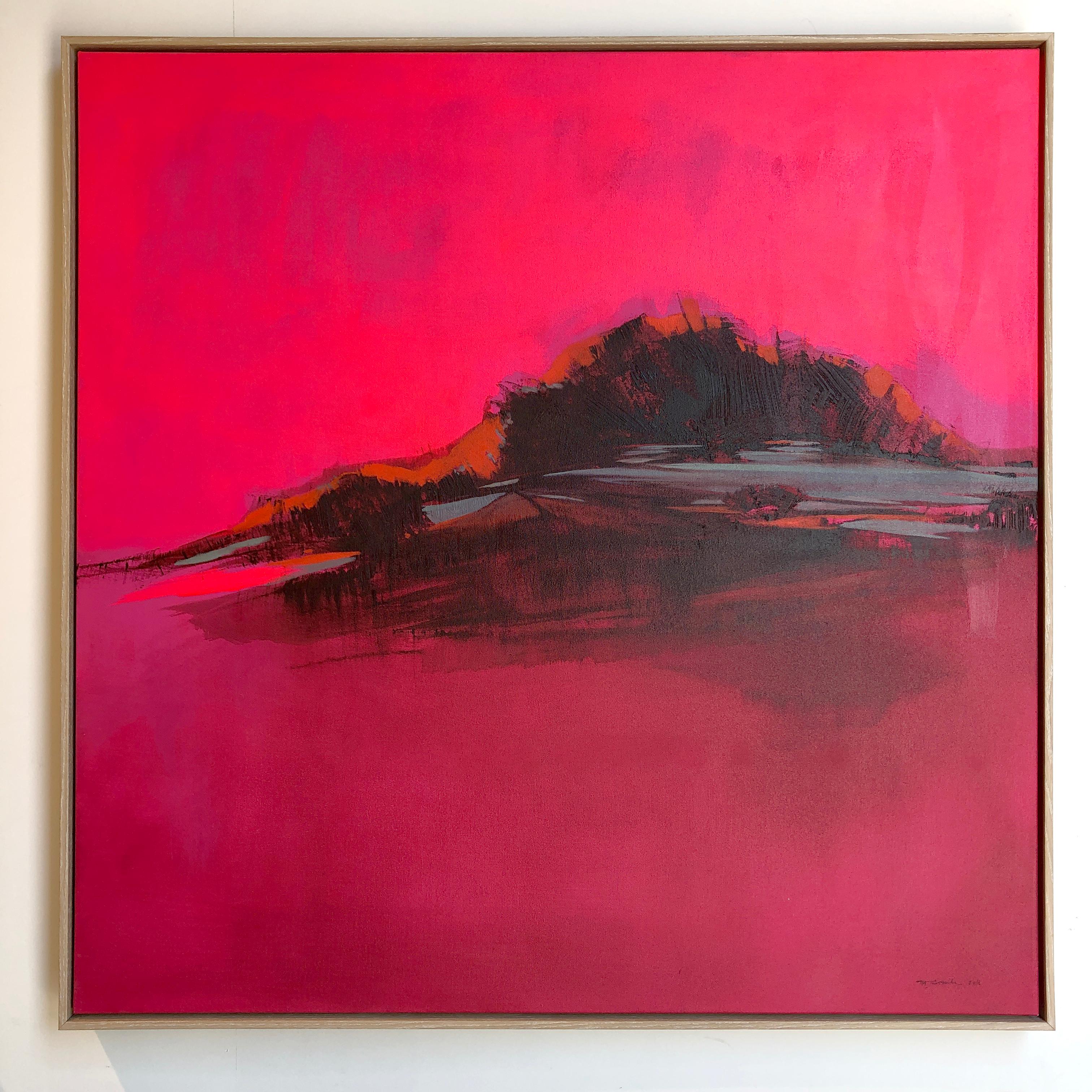 Burning PInk Landschaft, dynamisches zeitgenössisches, leuchtendes abstraktes Ölgemälde – Painting von Maria Jose Concha