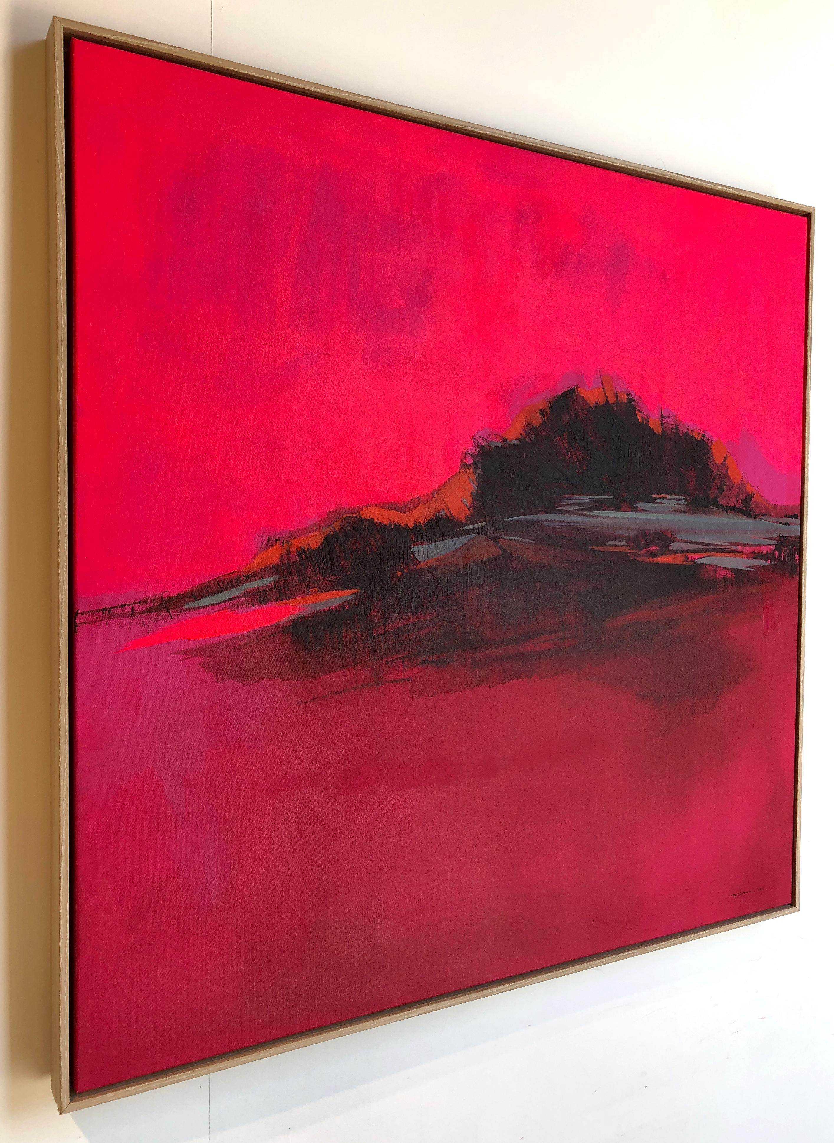 Burning PInk Landschaft, dynamisches zeitgenössisches, leuchtendes abstraktes Ölgemälde (Grau), Landscape Painting, von Maria Jose Concha