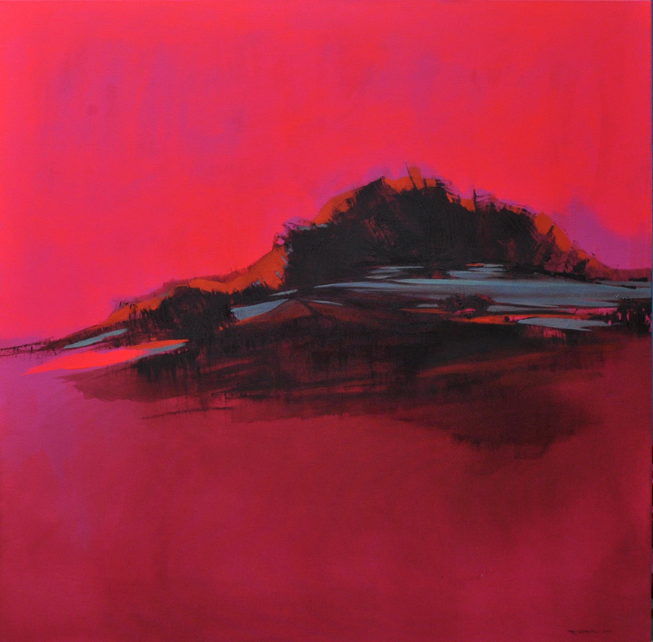 Burning PInk Landschaft, dynamisches zeitgenössisches, leuchtendes abstraktes Ölgemälde im Angebot 1