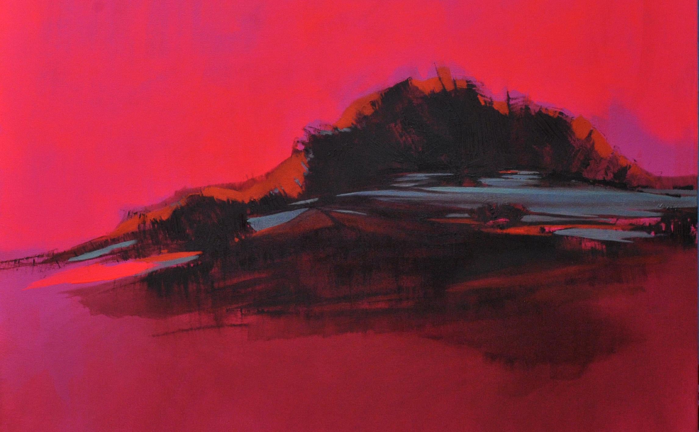 Burning PInk Landscape, Dynamic contemporary, bright abstract oil painting - Gray Landscape Painting by Maria Jose Concha