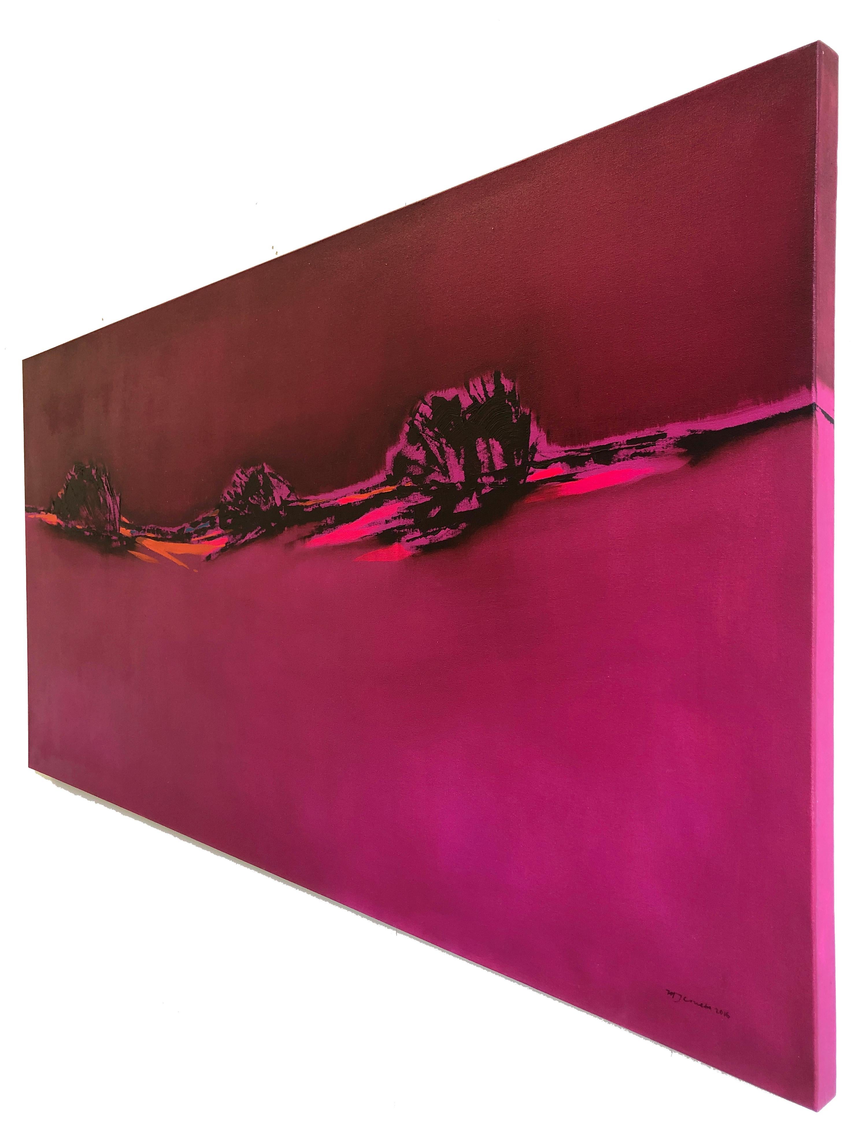 Rosa Blazing - Hommage an Patagonien, abstrakte Landschaft in leuchtenden, kräftigen Farben (Pink), Landscape Painting, von Maria Jose Concha