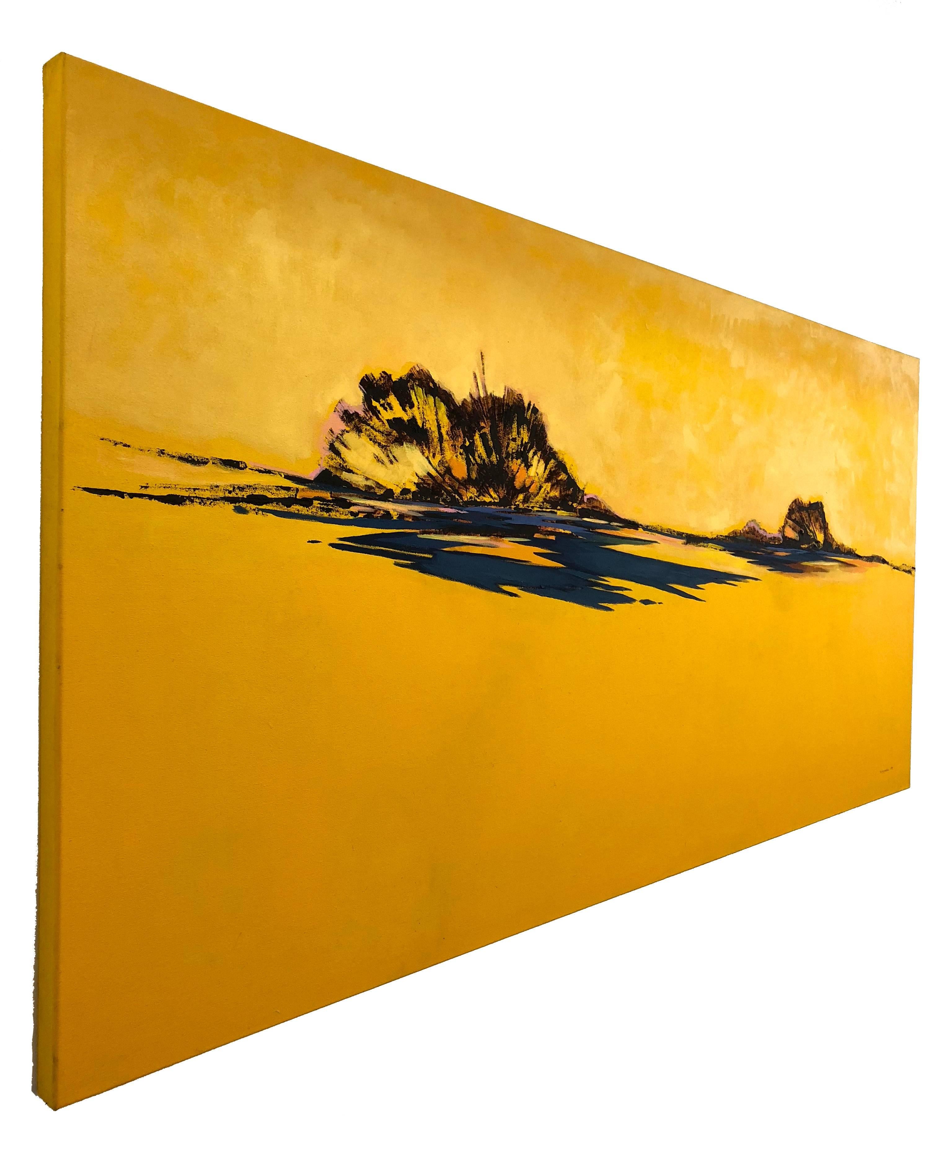 Sunshine Again, horizontal yellow abstract landscape painting, oil on canvas - Painting by Maria Jose Concha