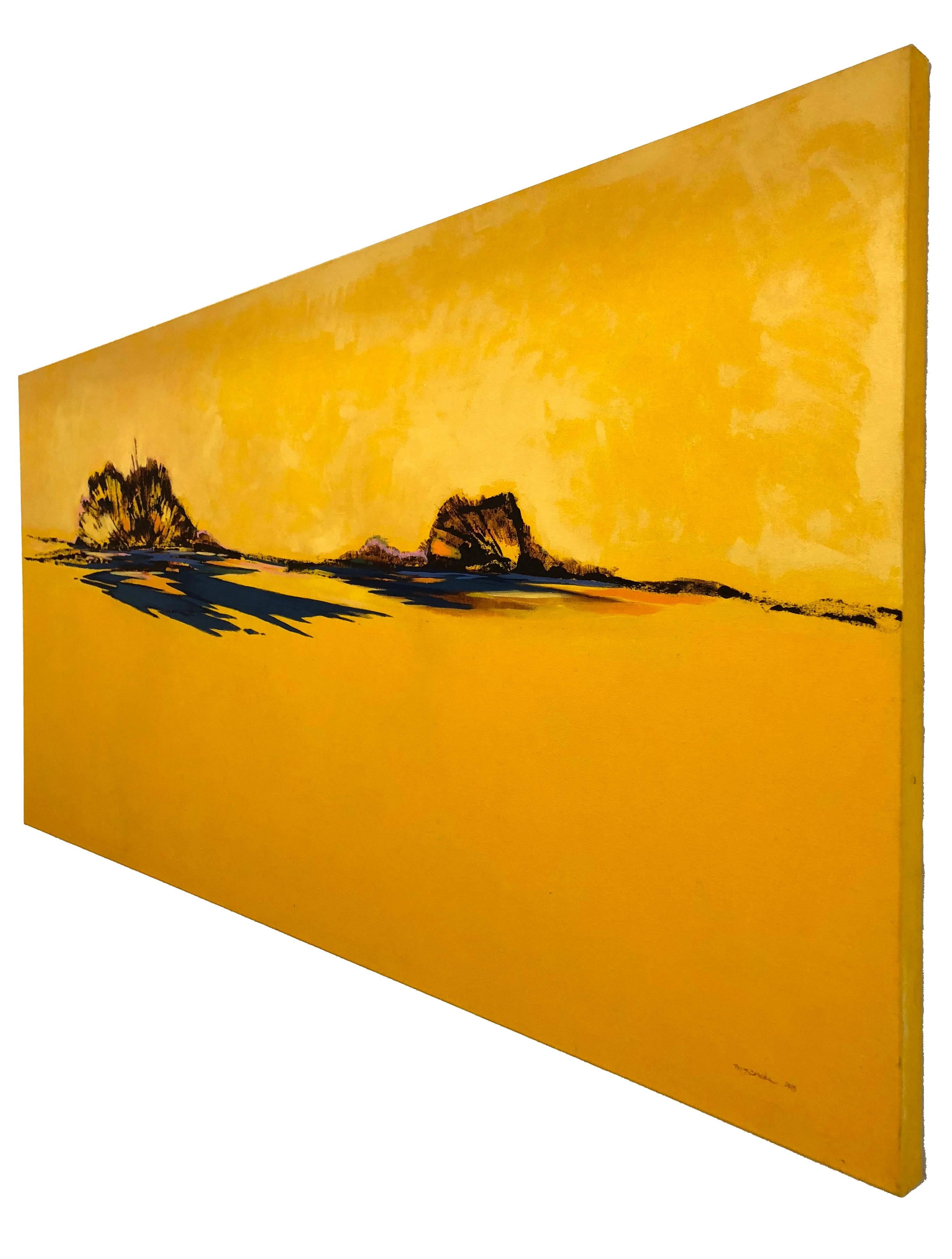 Sunshine Again, horizontales gelbes abstraktes Landschaftsgemälde, Öl auf Leinwand (Abstrakt), Painting, von Maria Jose Concha