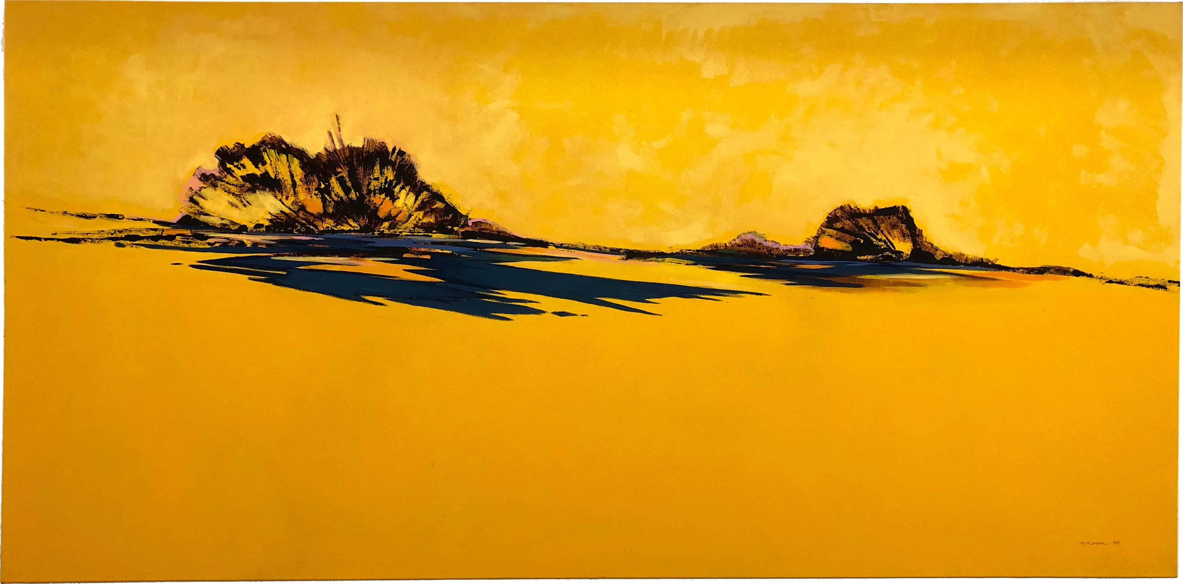 Sunshine Again, horizontal yellow abstract landscape painting, oil on canvas