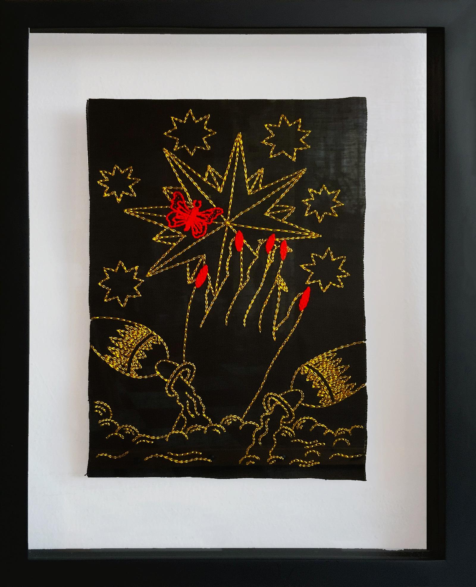 Il diavolo e la stella, dittico, 2019
Dalla serie Ventura
Filo da ricamo su tela
Dimensioni complessive del telaio: 40 cm H. x 60 cm L. x 3 cm P.
Dimensioni complessive dell'immagine: 27 cm H. x 34 cm L.
Dimensione individuale:
Dimensioni della
