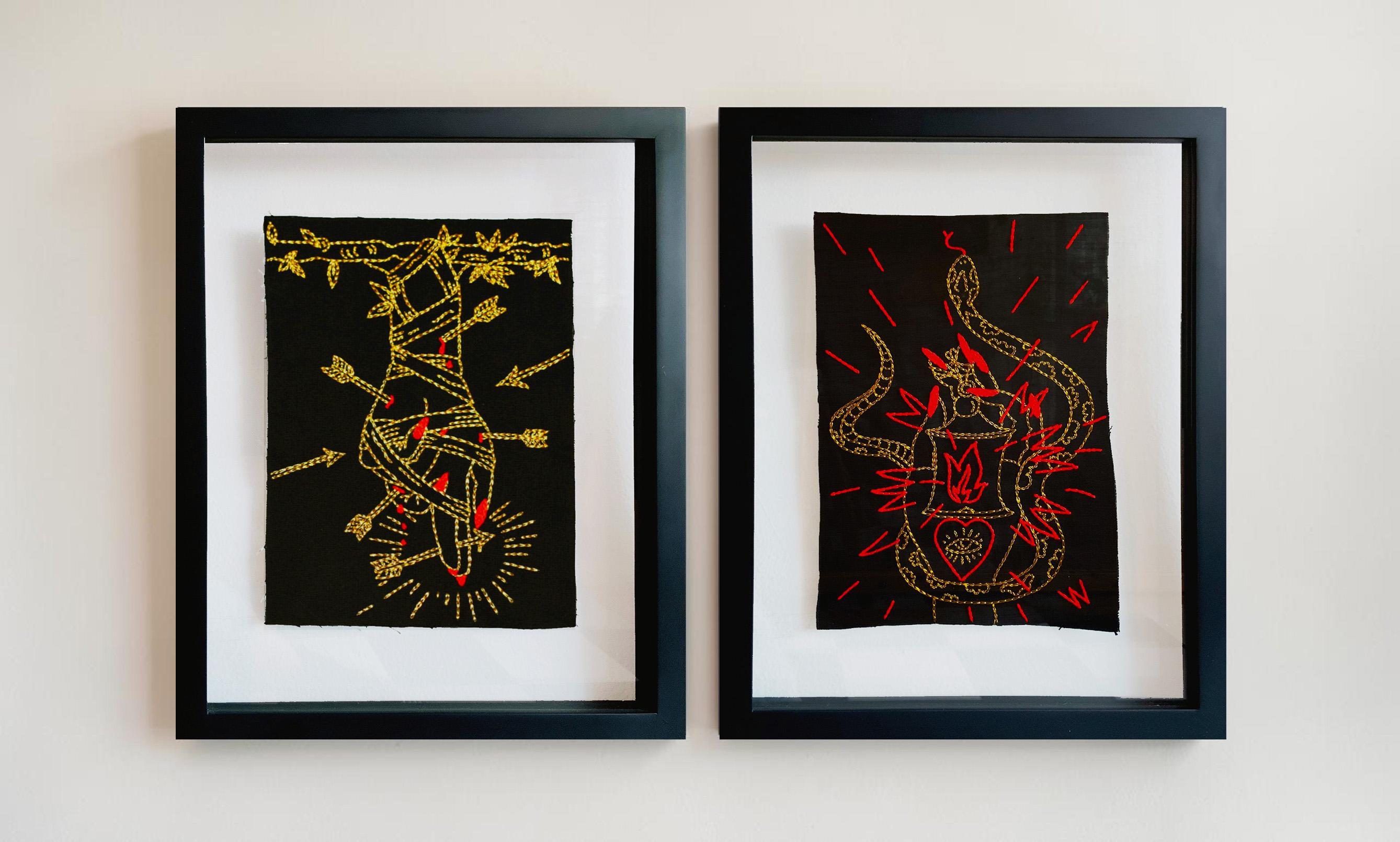 The Hanged Man and The Hermit, Diptychon. Stickgarn auf Leinwand – Mixed Media Art von Maria Jose Franco Maldonado 