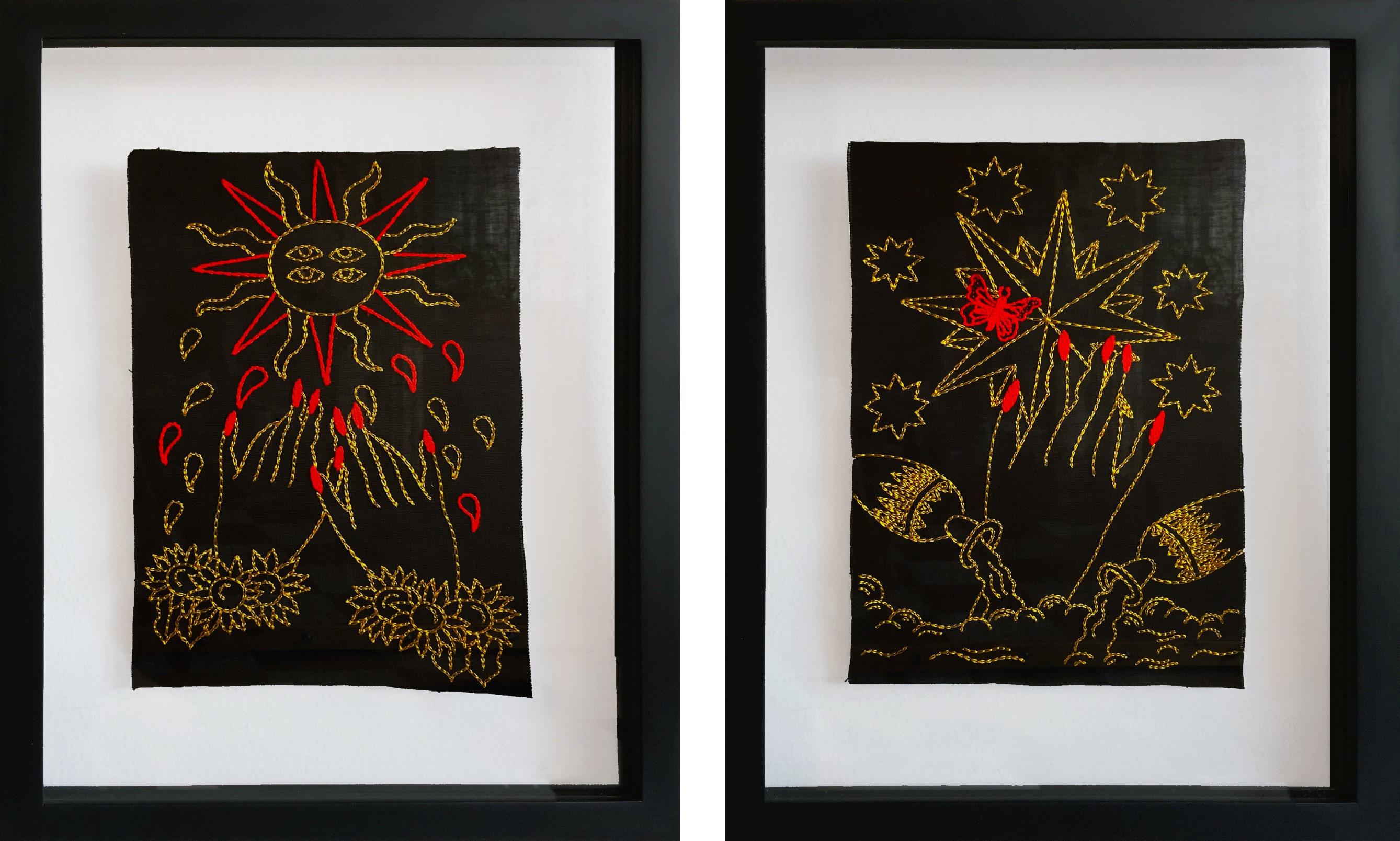 The Sun and The Star, Diptych. Embroidery thread on canvas - Art by Maria Jose Franco Maldonado 