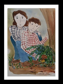 M J SUBIRACHS 18  FAMILY. original watercolor naif contemporary painting