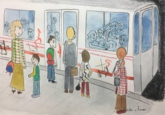 Vintage  M J Subirachs   Waiting for the Subway original naif watercolor painting