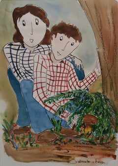 M. J. SUBIRACHS   FAMILLE. aquarelle originale peinture naïve contemporaine