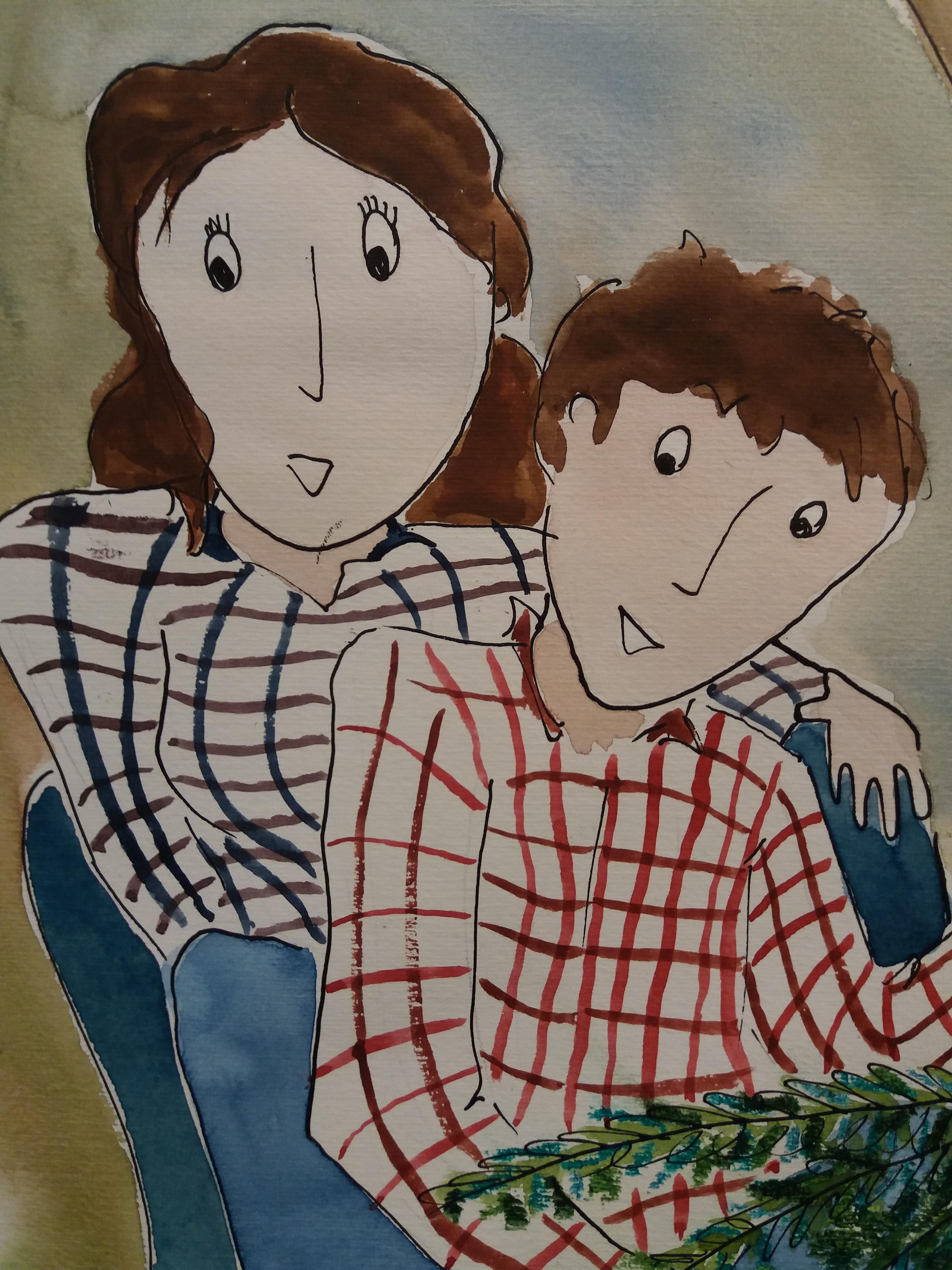 M J SUBIRACHS   FAMIGLIA. acquerello originale naif pittura contemporanea - Figurative Painting Nero di Maria Jose Subirachs Ferre