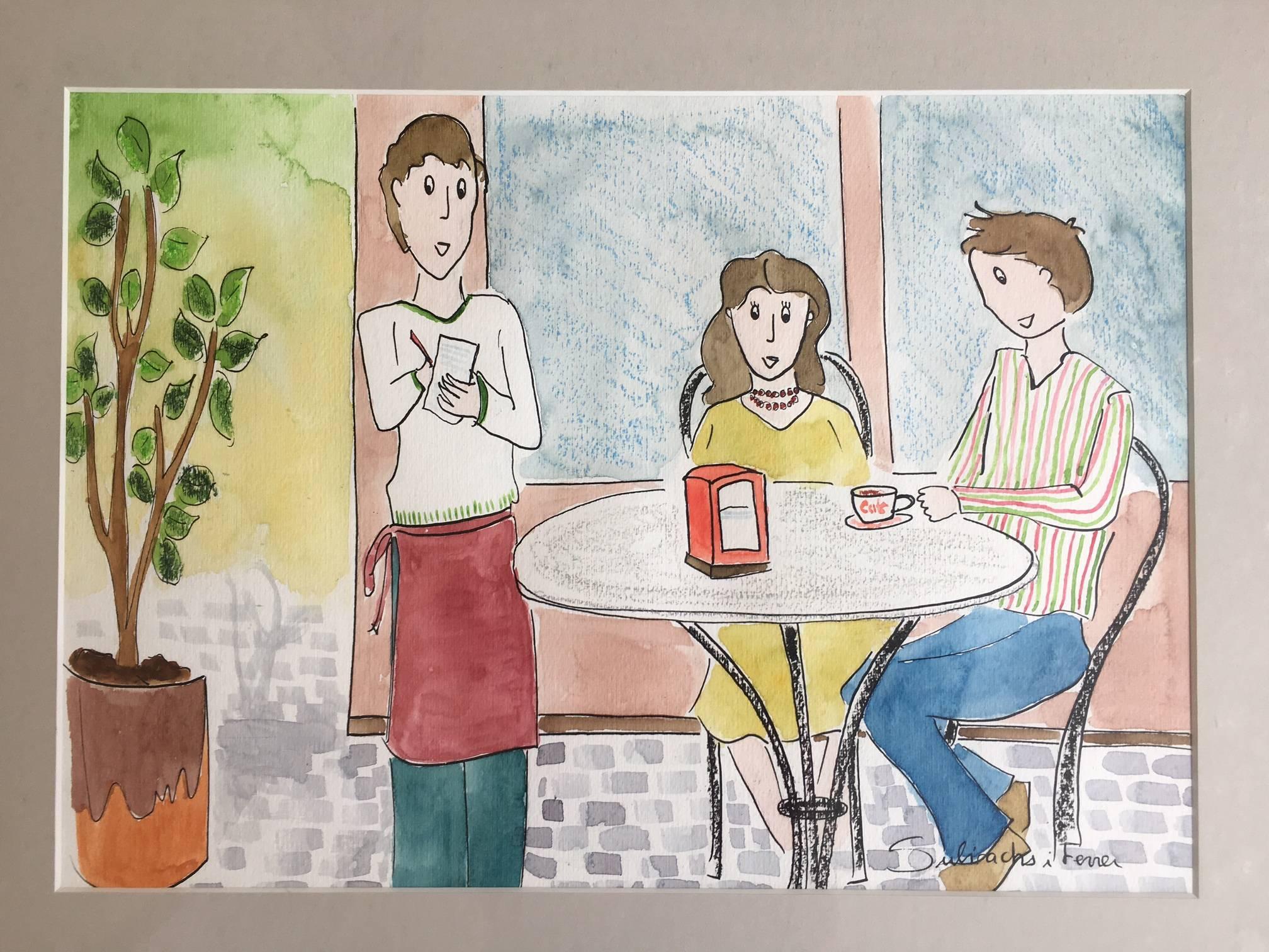 M. J. Subirachs  Drei  Sitzen. Originales Aquarellgemälde von Naif – Painting von Maria Jose Subirachs Ferre