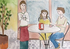 M J Subirachs  Three  Sitting. Naif original watercolor painting