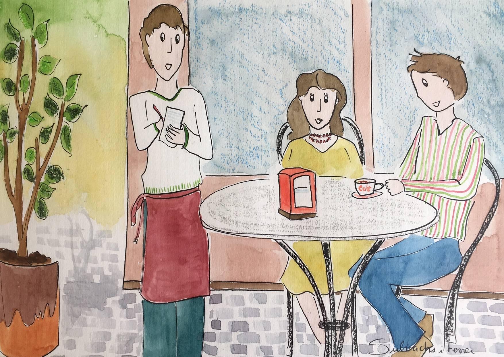 M J Subirachs  Three  Sitting. Naif original watercolor painting