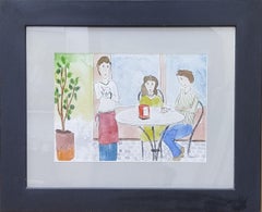 M J Subirachs Three Sitting. Naif original watercolor painting