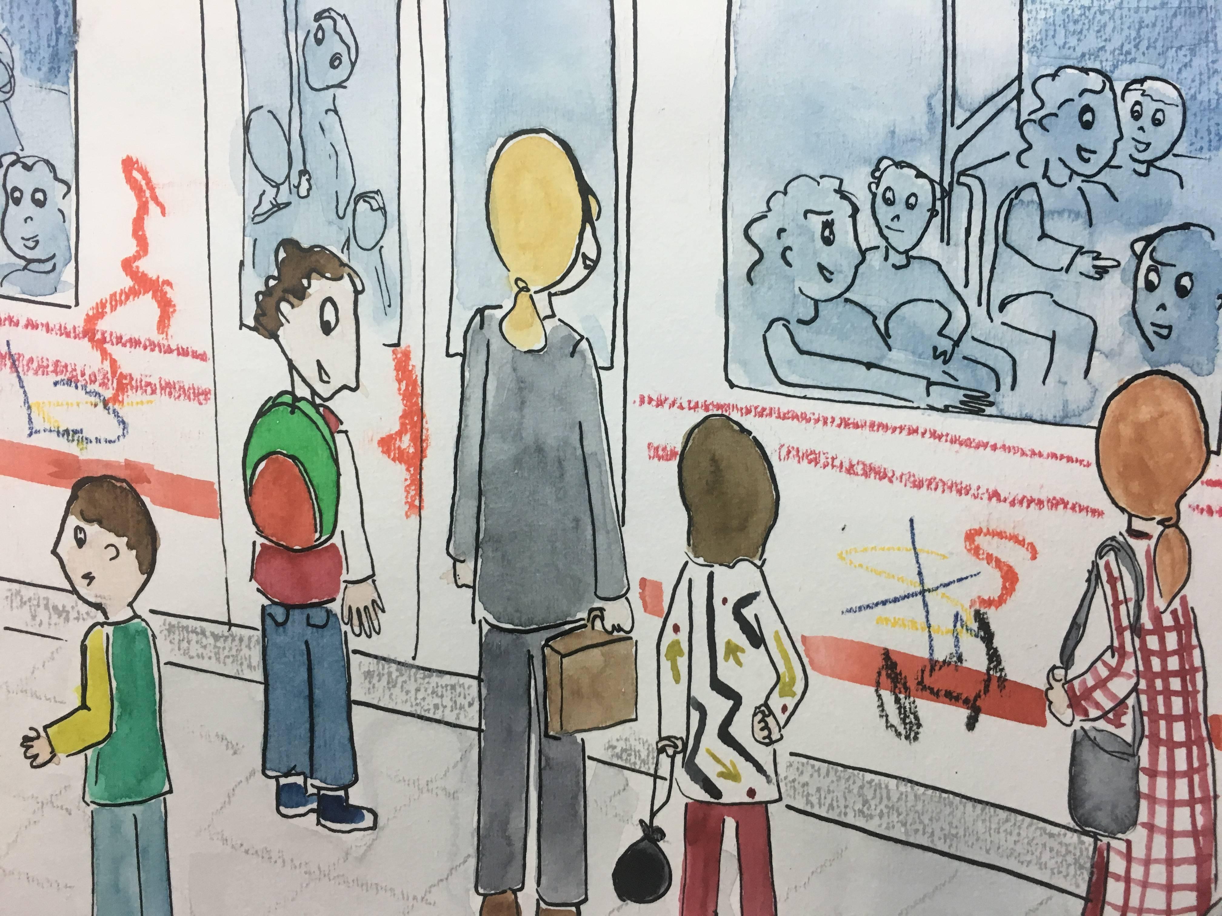 M J Subirachs   Waiting for the Subway original naif watercolor painting - Painting by Maria Jose Subirachs Ferre