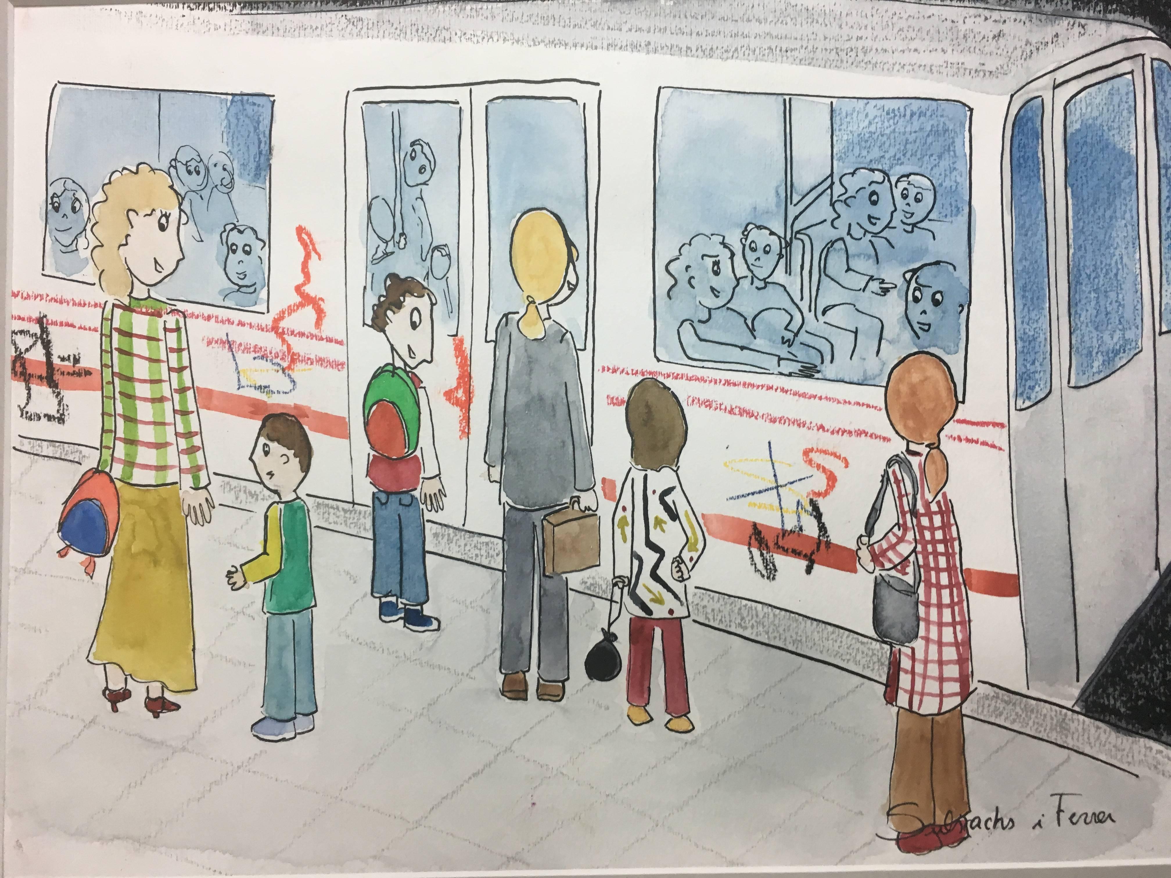 M. J. Subirachs   Warten auf die U-Bahn original naiv Aquarellmalerei (Grau), Figurative Painting, von Maria Jose Subirachs Ferre