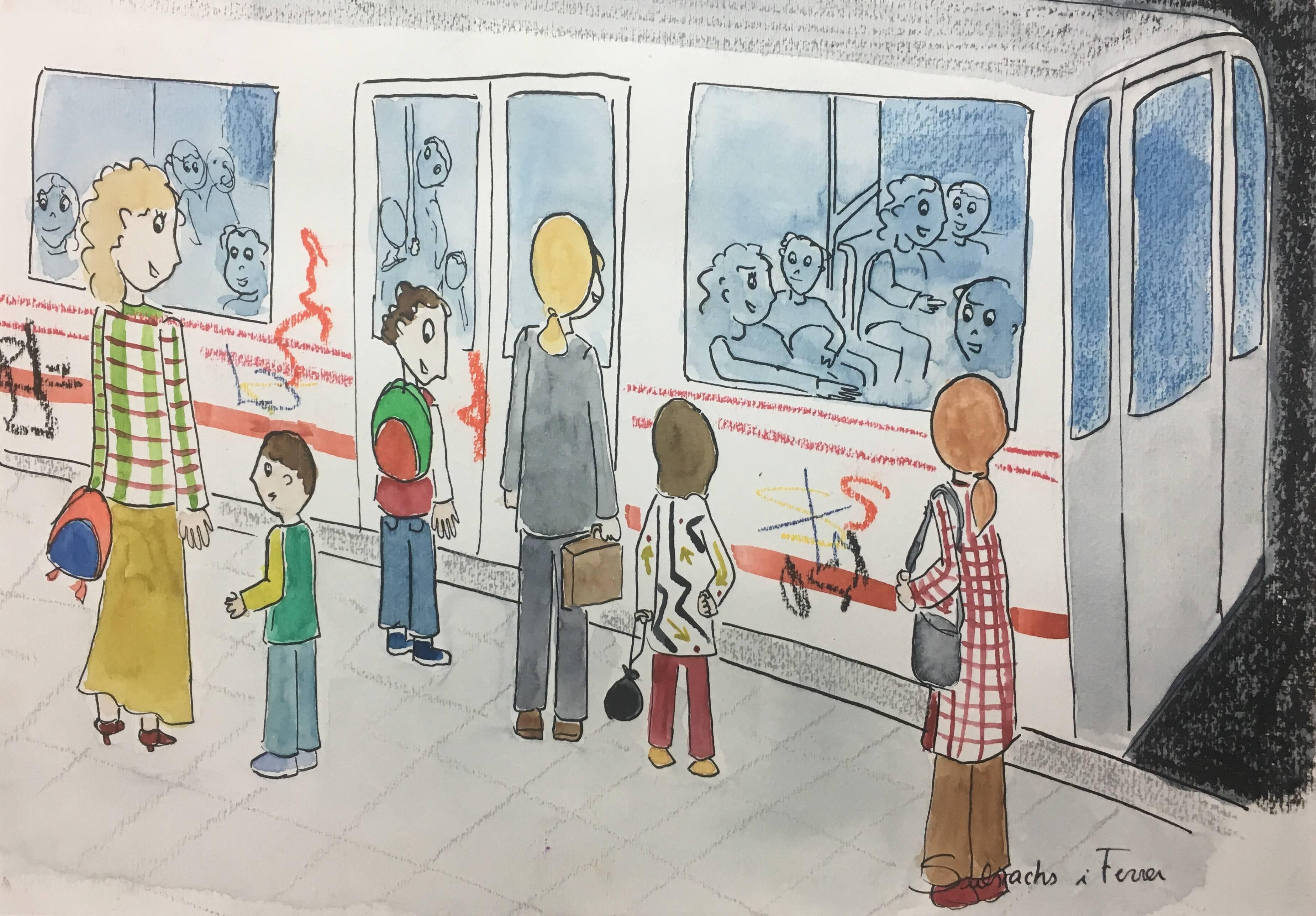 Maria Jose Subirachs Ferre Figurative Painting - M J Subirachs   Waiting for the Subway original naif watercolor painting