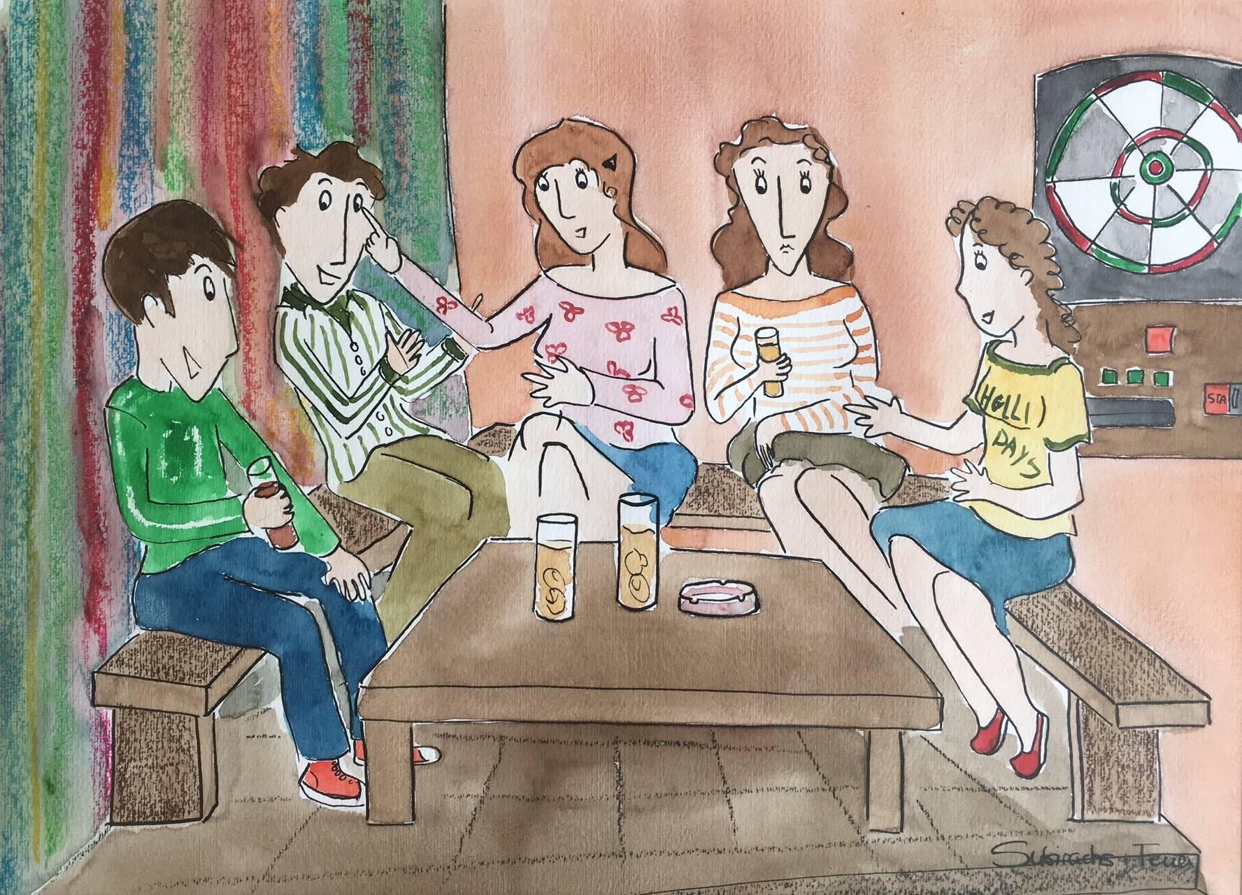 Maria Jose Subirachs Ferre Figurative Painting – M.J. Subirachs   Original Naif-Aquarellgemälde