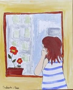 Pintura original al gouache de Rosa, estilo naïf contemporáneo, 2000-2009