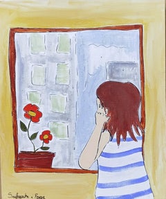 Pintura original al gouache de Rosa, estilo naïf contemporáneo, 2000-2009
