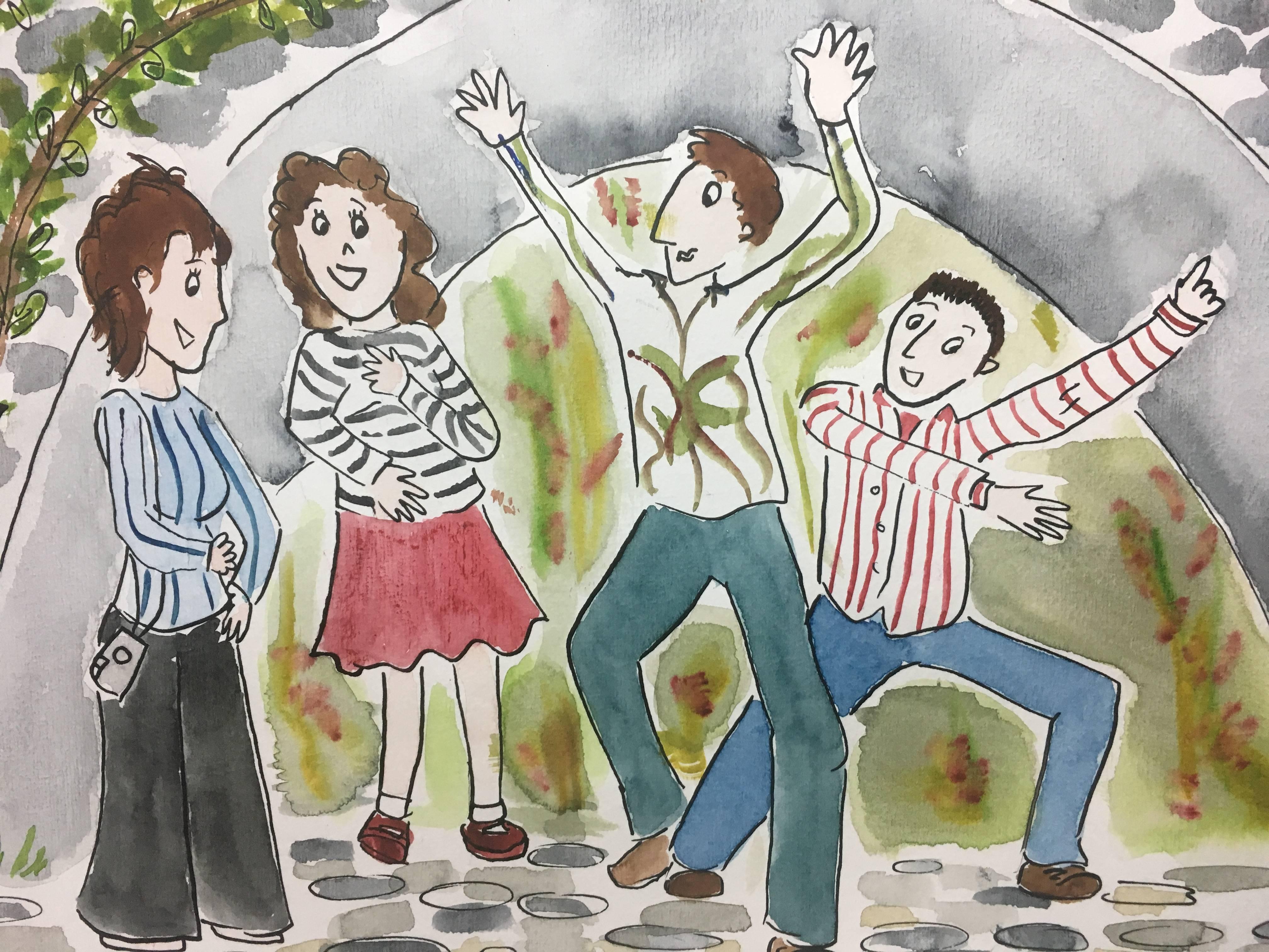 Subirachs   Naif  A Group of People  Park. PLAYING IN THE PARK original - Painting by Maria Jose Subirachs Ferre