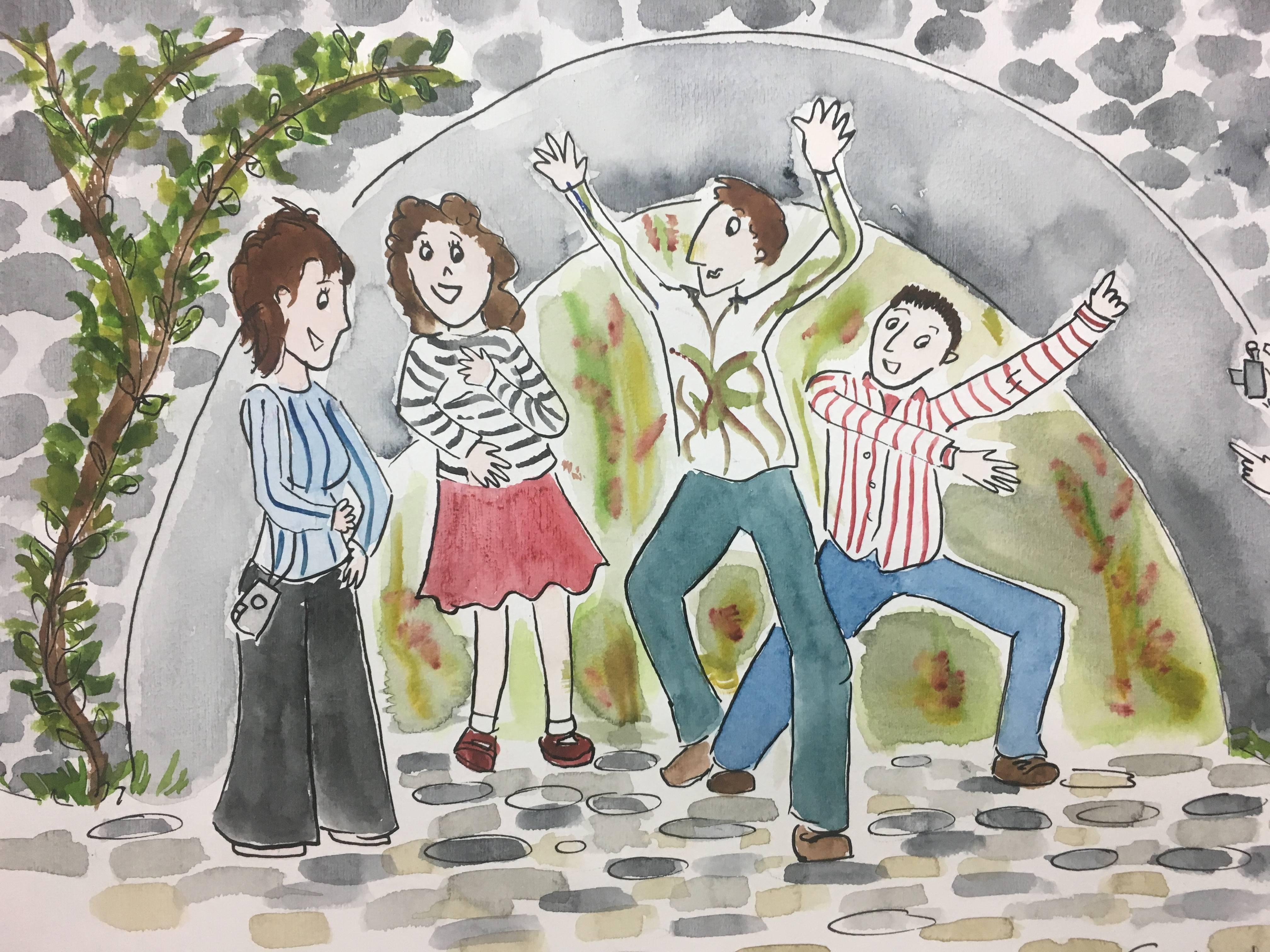 Subirachs  Naif  A Group of People  Park. PLAYING IN THE PARK original (Grau), Figurative Painting, von Maria Jose Subirachs Ferre